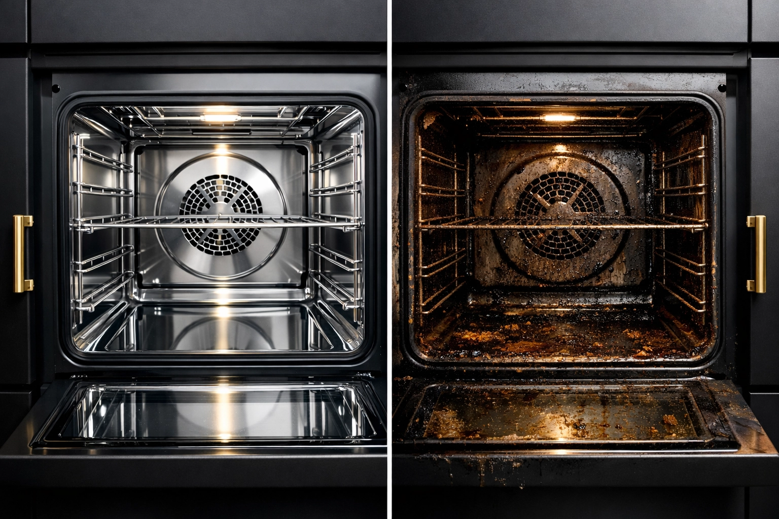 Clean versus dirty oven comparison showing property cleanliness standards for inventory reports
