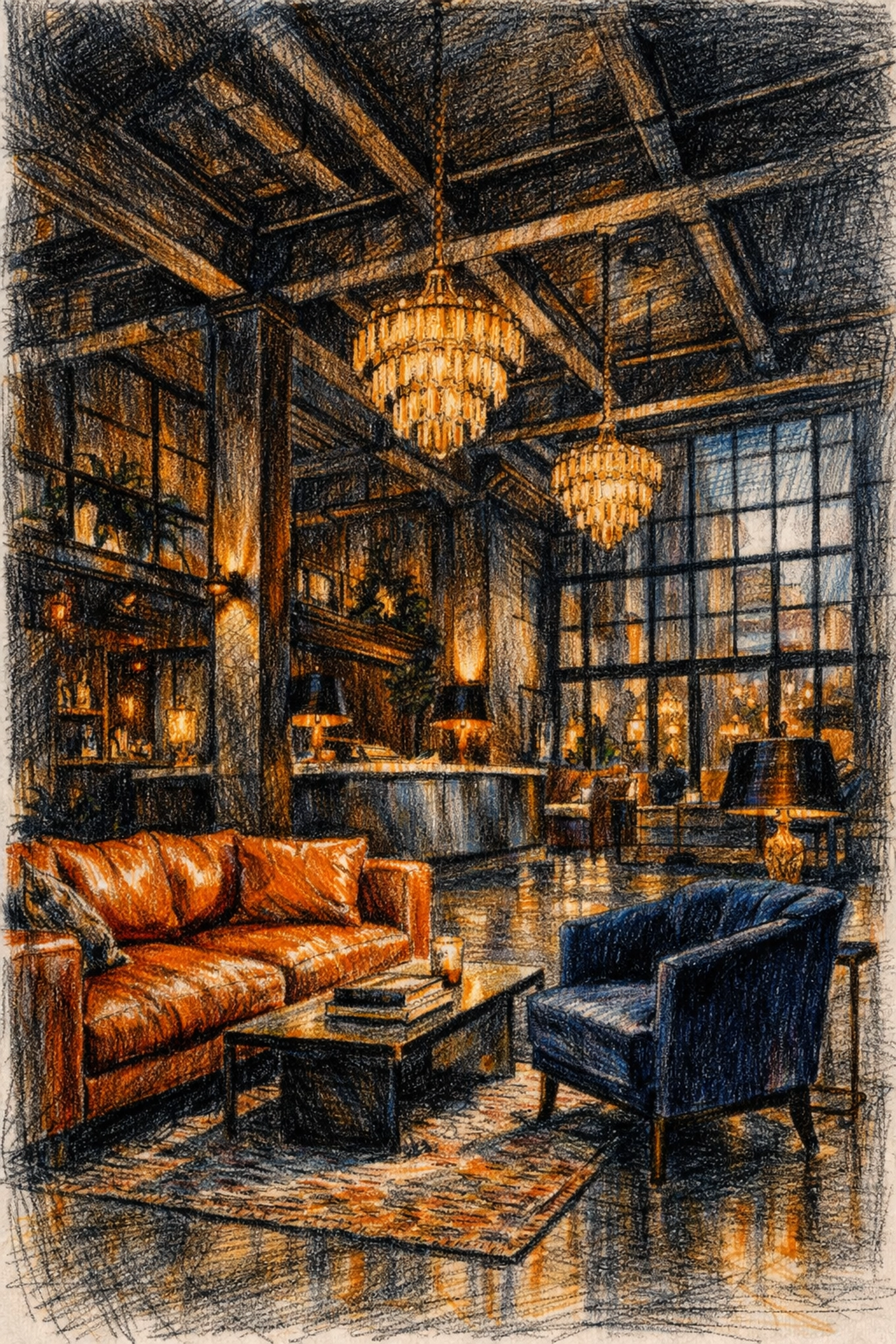 Boutique hotel interior design featuring industrial glamour and sustainable architecture elements.