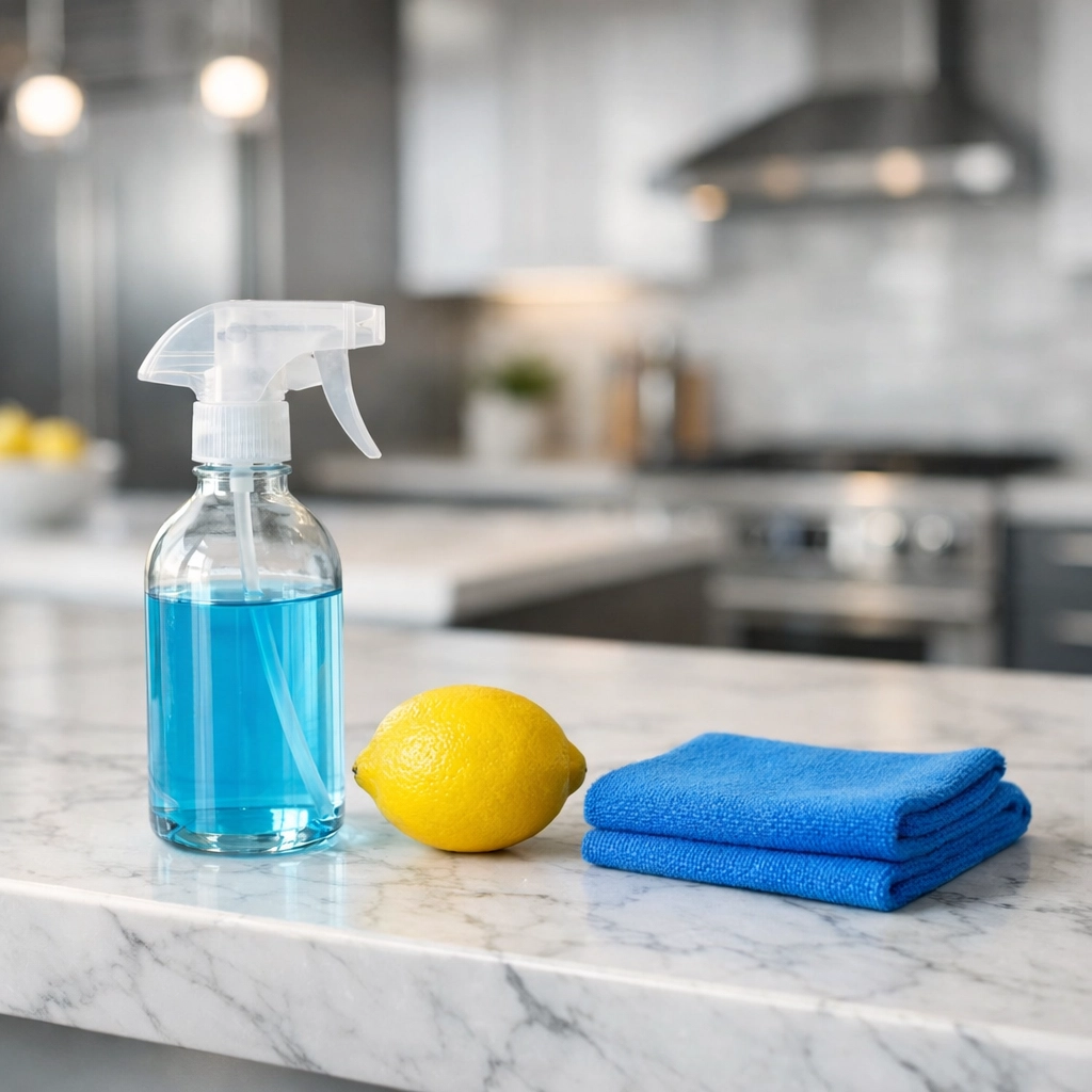 Eco-friendly apartment cleaning supplies on a marble kitchen island for a healthy Boston home.