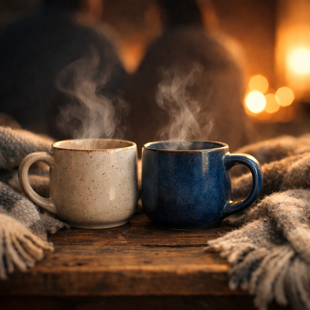 Two warm mugs and a cozy blanket on a table, symbolizing the compassionate emotional support provided during postpartum.