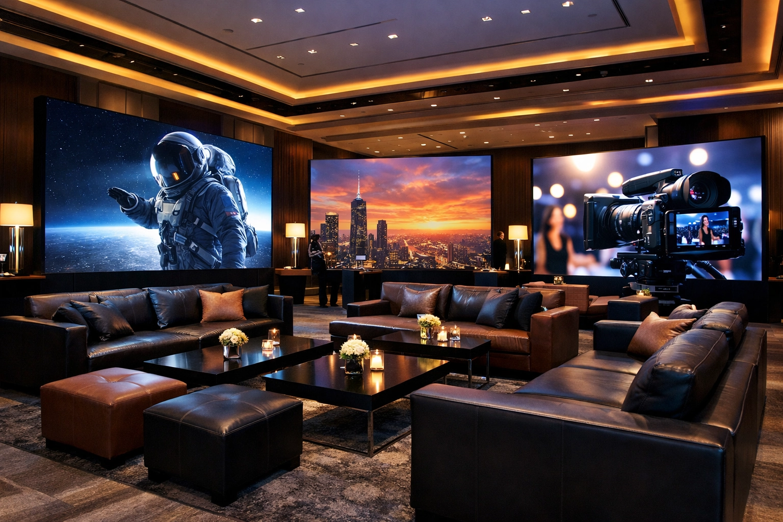 Professional corporate event lounge with digital displays highlighting brand integration and production excellence.