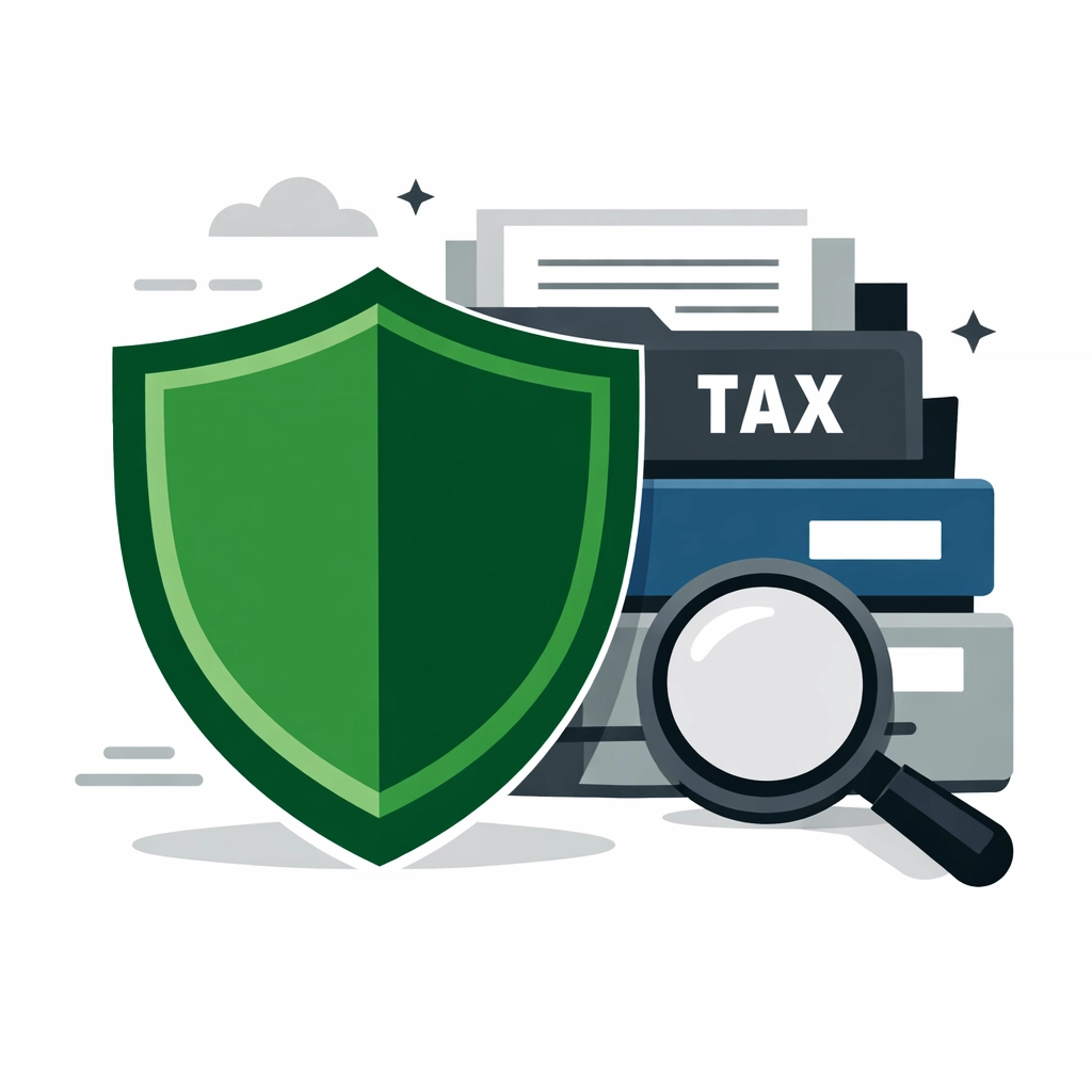 A protective shield guarding tax folders and a magnifying glass, symbolizing IRS audit protection.
