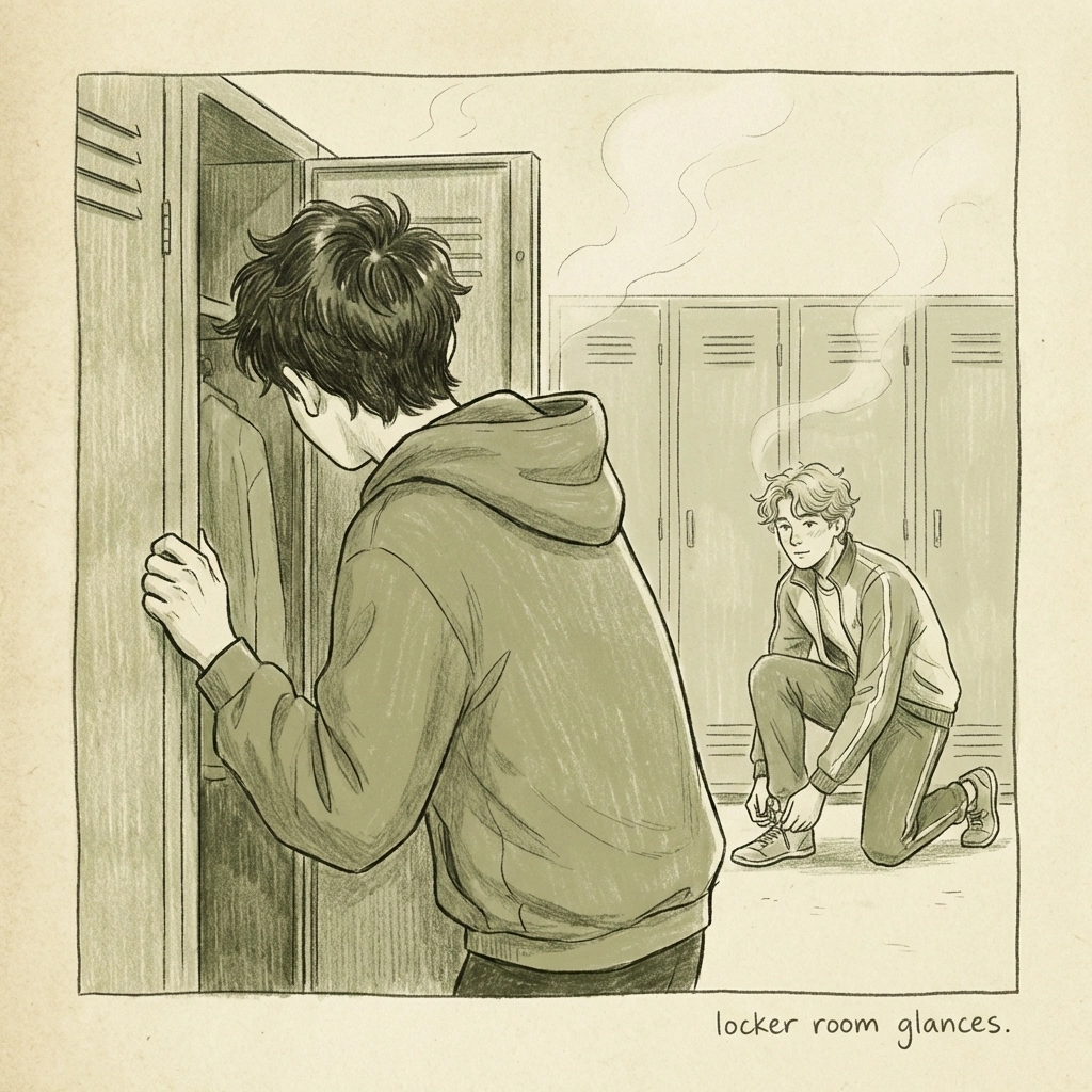 Gay teen athlete with nervous first crush on teammate in high school locker room