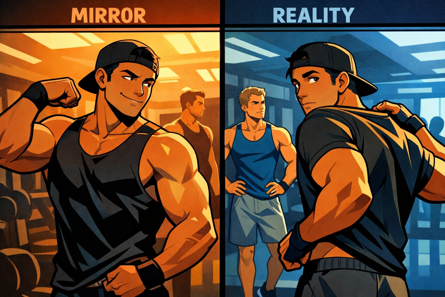 Gay man using gym mirror to check out another man while pretending to check workout form