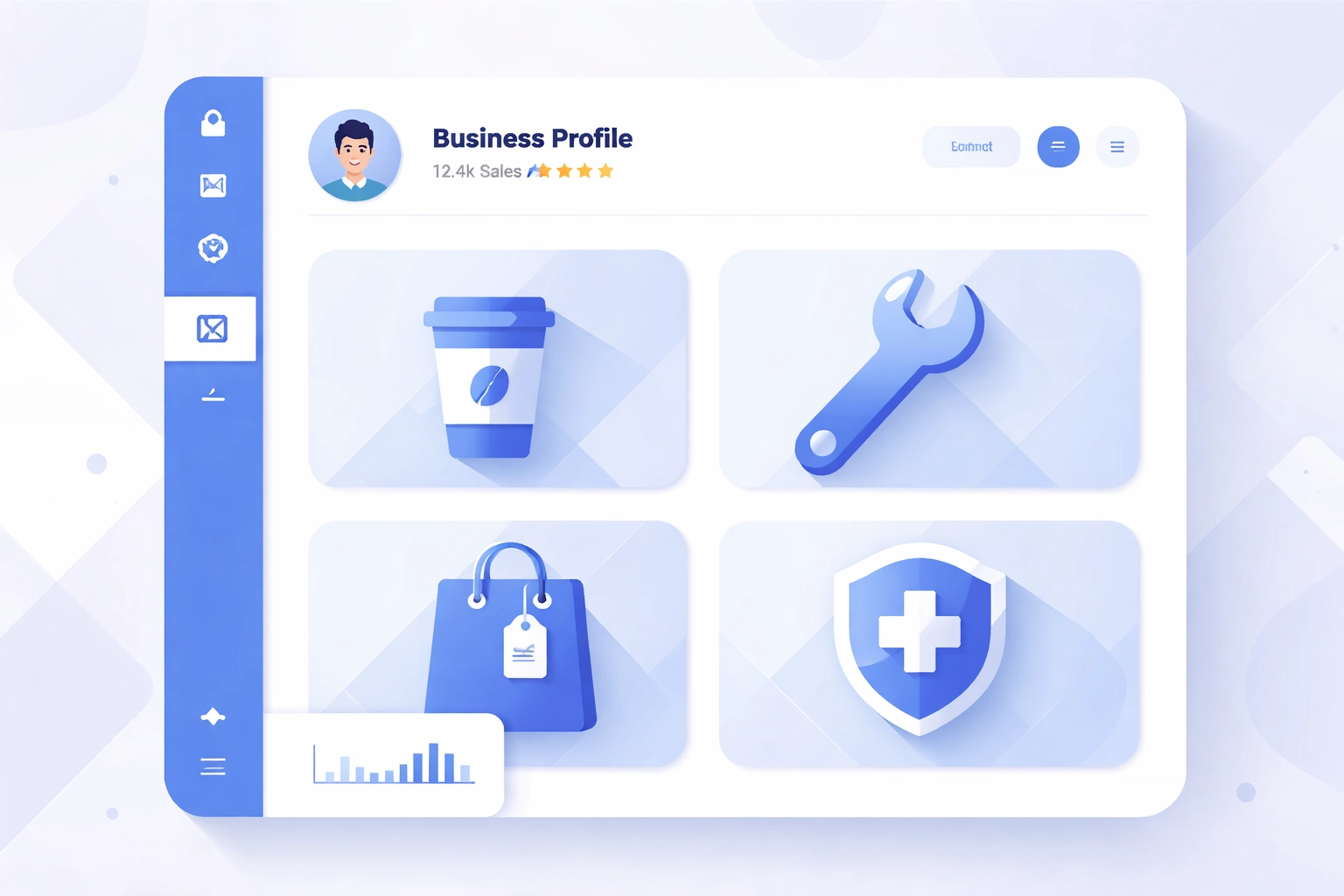 Business profile dashboard with category icons representing optimized local business listings