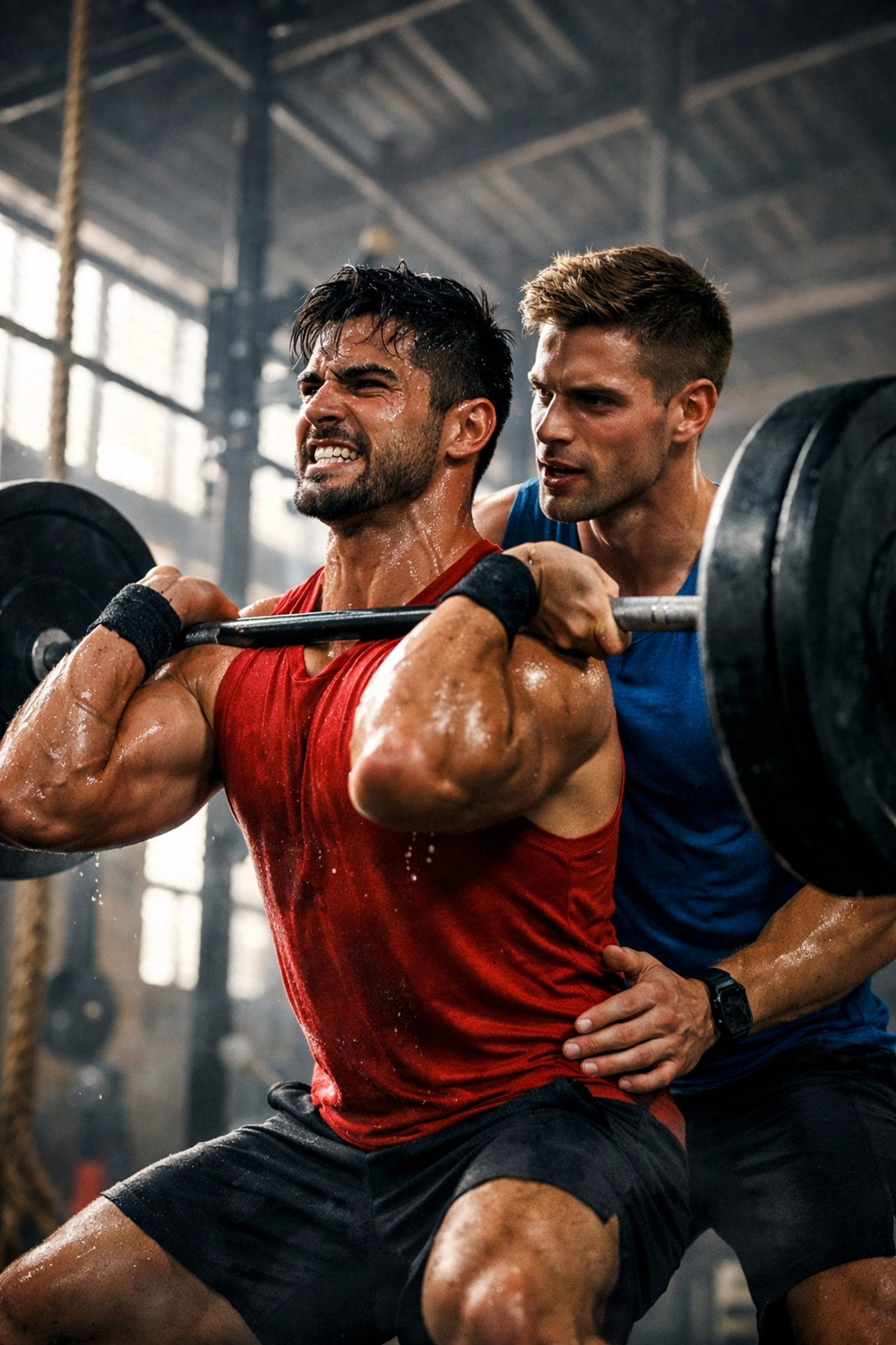 Two men training together at CrossFit box showing competitive chemistry in MM romance setting