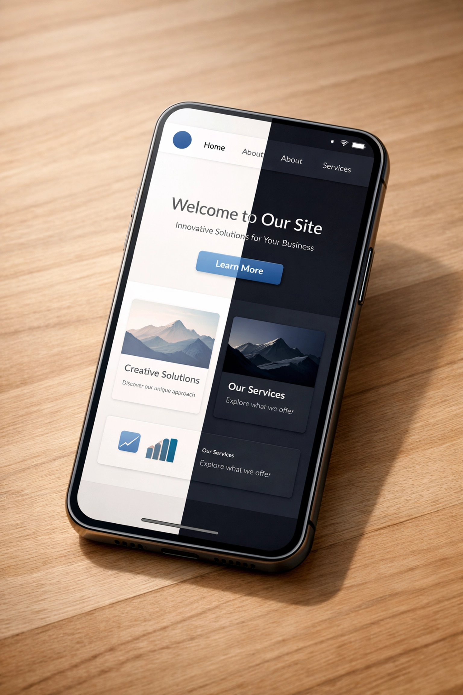 Smartphone showing website switching between light mode and dark mode web design