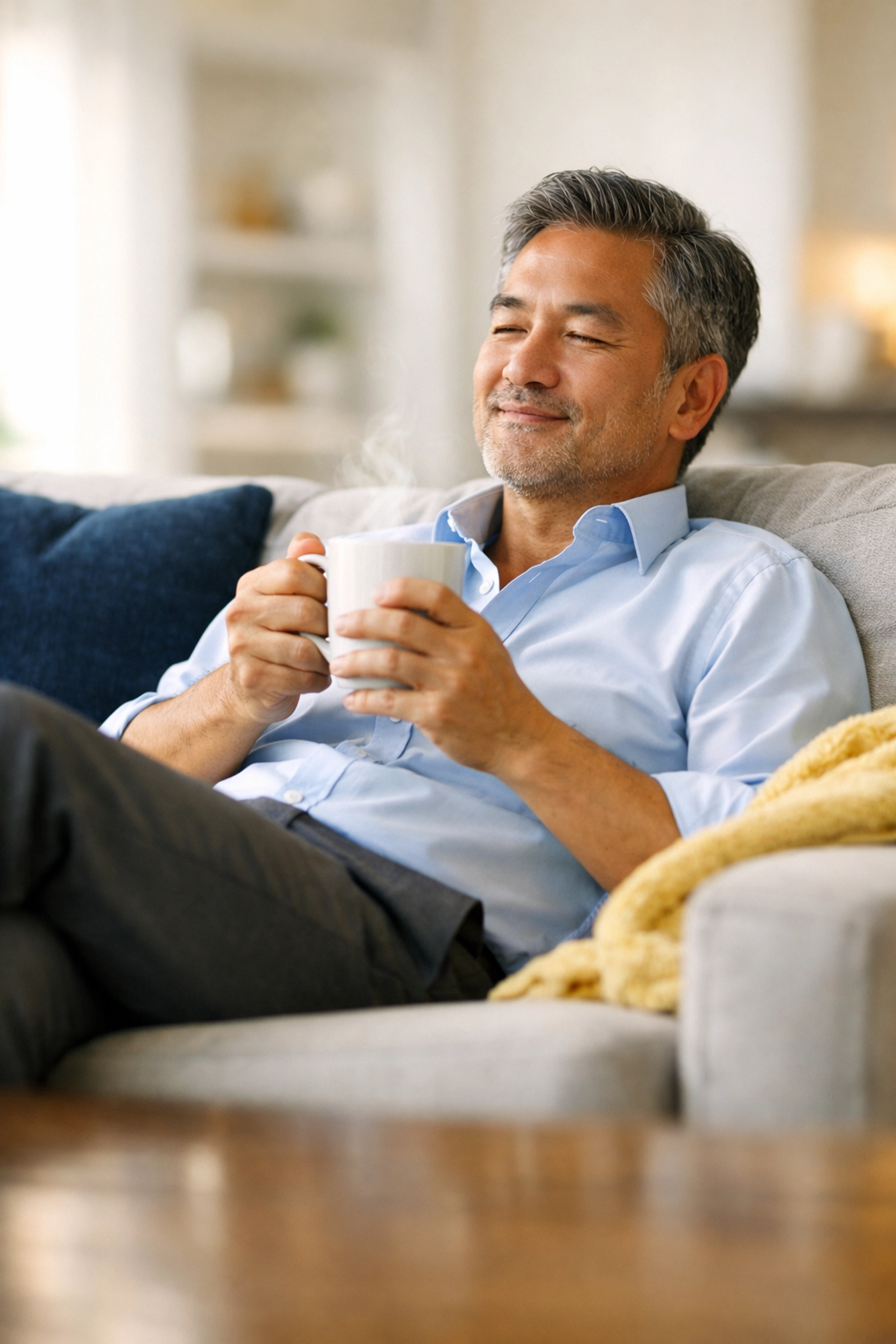 A relaxed professor in a clean living room after using house cleaning Worcester MA services.