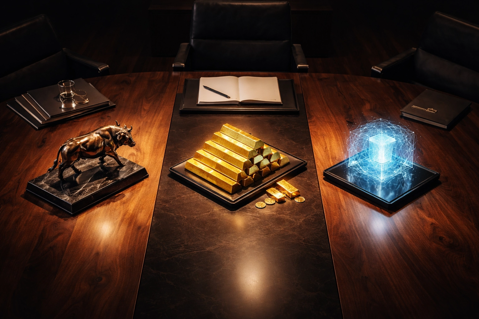 A modern conference table displays assets like a bronze bull, gold bars, and digital blocks, representing alternative investments in a diversified portfolio.