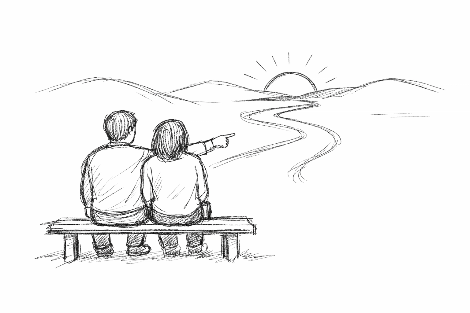 Sketch of two people watching a sunrise, representing a new path in depression recovery journey.