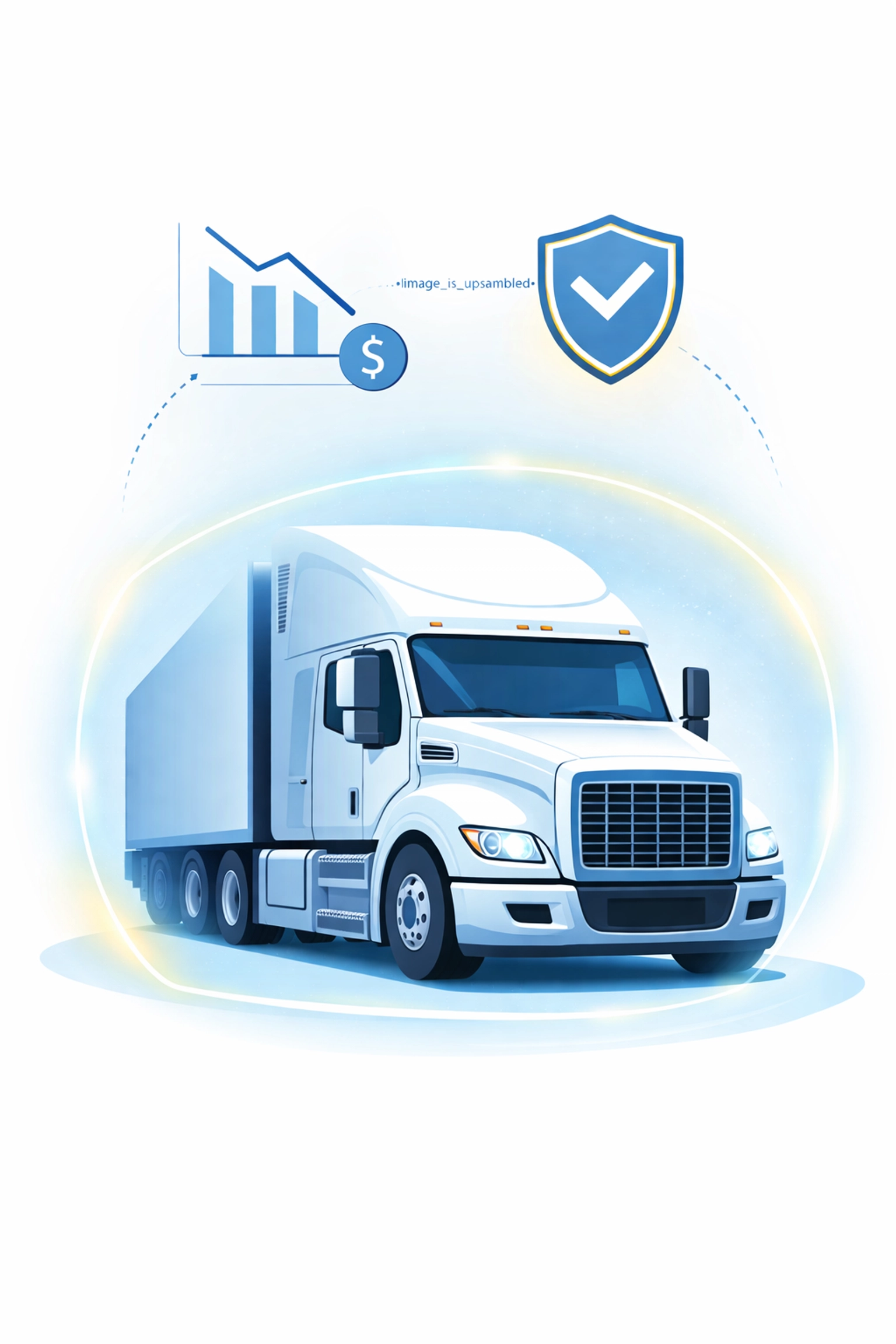 AI-equipped white truck with safety shield icon and declining cost graph, representing fleet safety and insurance savings.