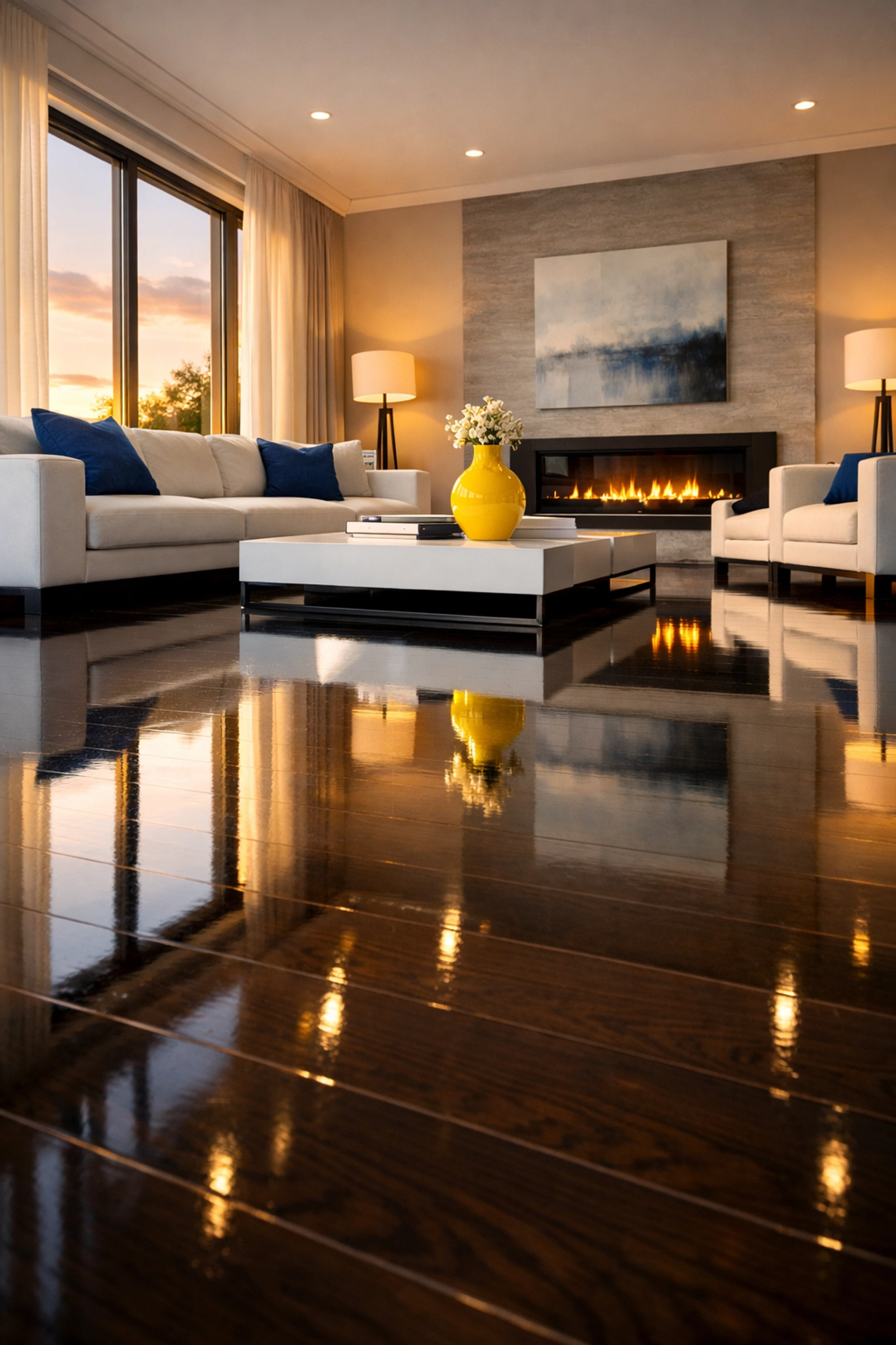 Pristine hardwood floors in a sunlit Leominster living room after a professional house cleaning service.