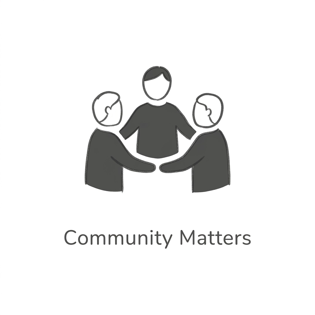 A minimalist, hand-drawn monochromatic icon of three stylized figures standing together in a circle, representing 'Community Matters'.