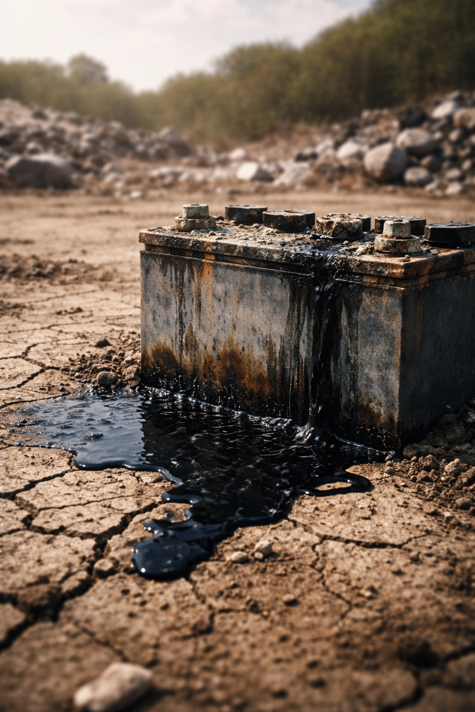 Leaking lead-acid battery contaminating soil and landfill, highlighting UPS battery disposal risks
