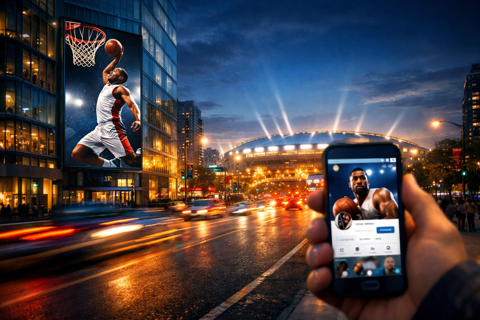 Omnichannel sports advertising featuring a stadium digital billboard and synchronized mobile athlete content.