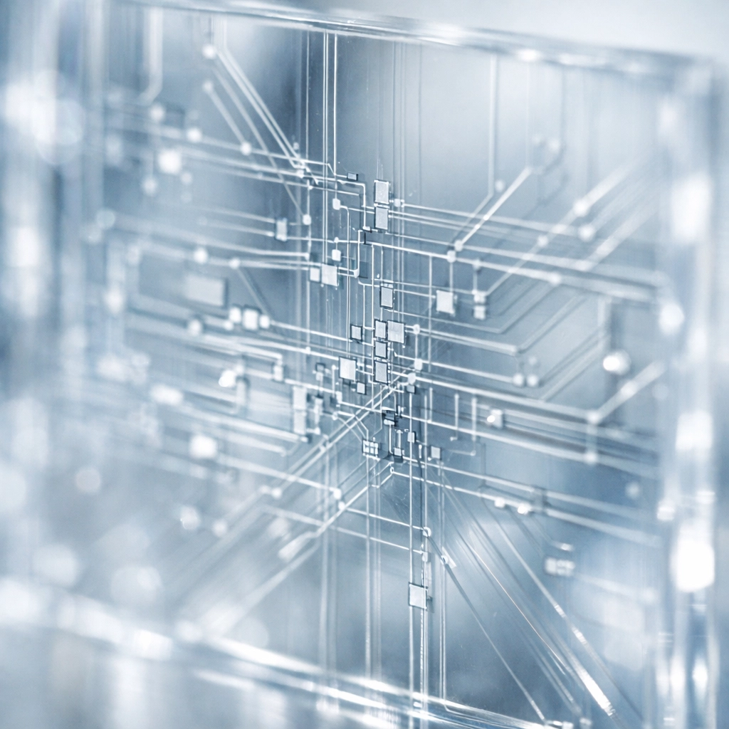 Transparent geometric patterns illustrating data clarity and AI risk mitigation in a digital transformation.