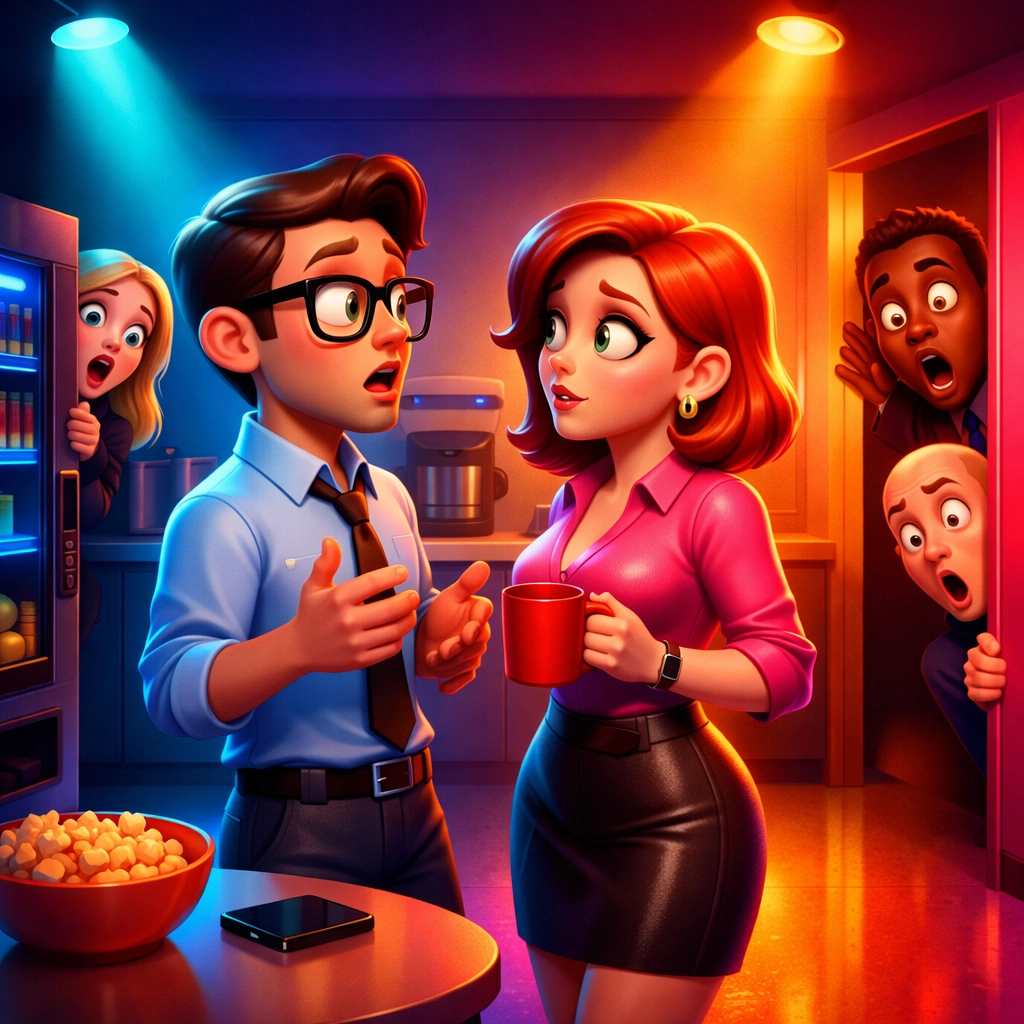 Office breakroom drama as coworkers gossip about workplace relationship between colleagues
