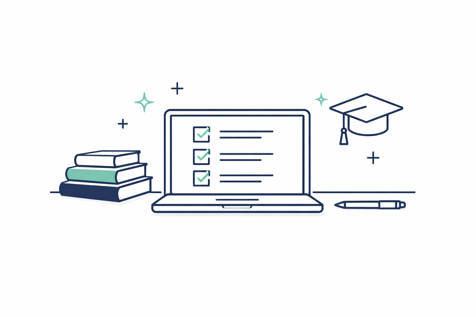 Minimalist line-art illustration for AI in EdTech: a teacher's desk with laptop checklist, books, graduation cap icon, and subtle assistance symbols.