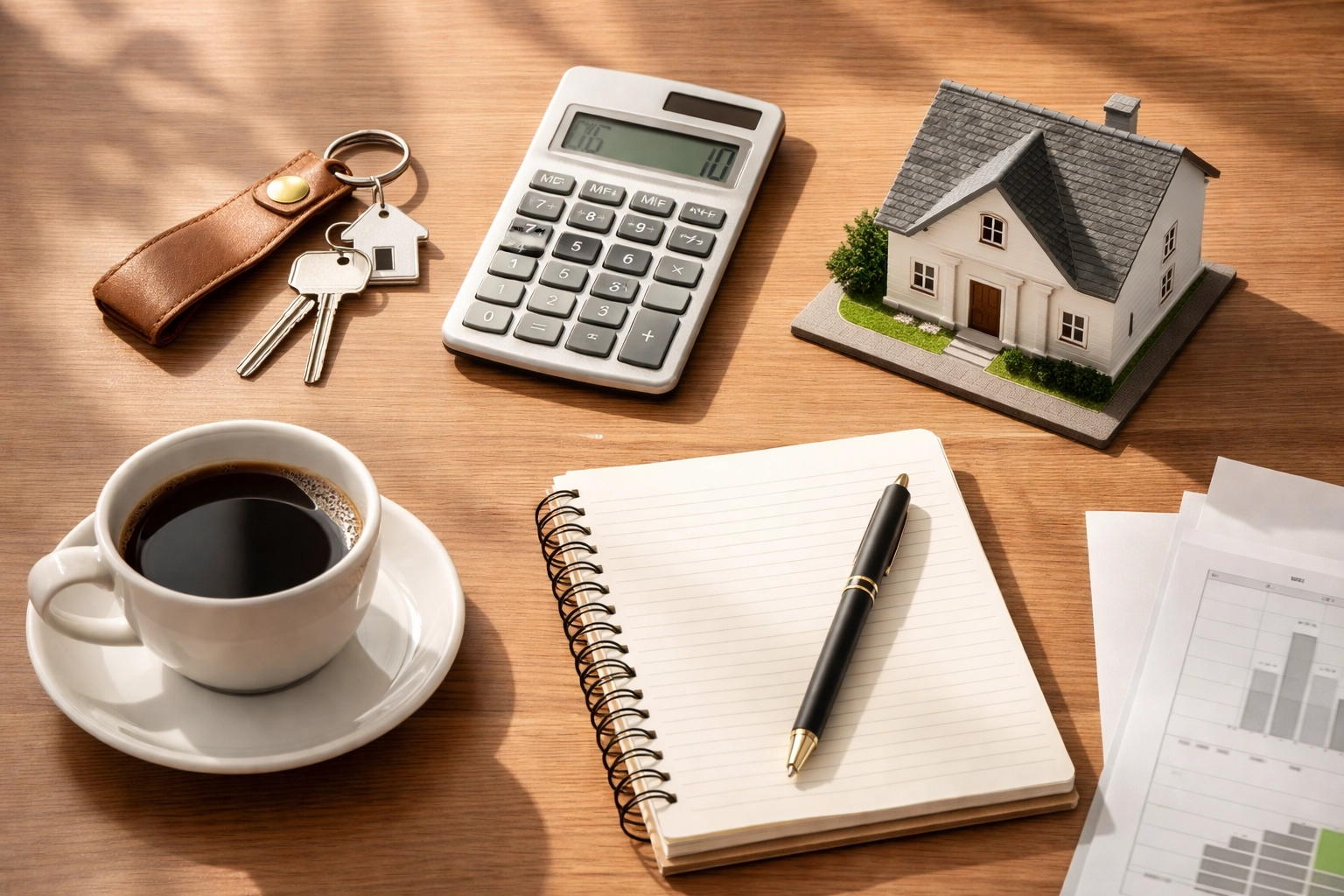 Flat lay of property investment essentials symbolizing Royton mortgage broker services and buy-to-let opportunities.