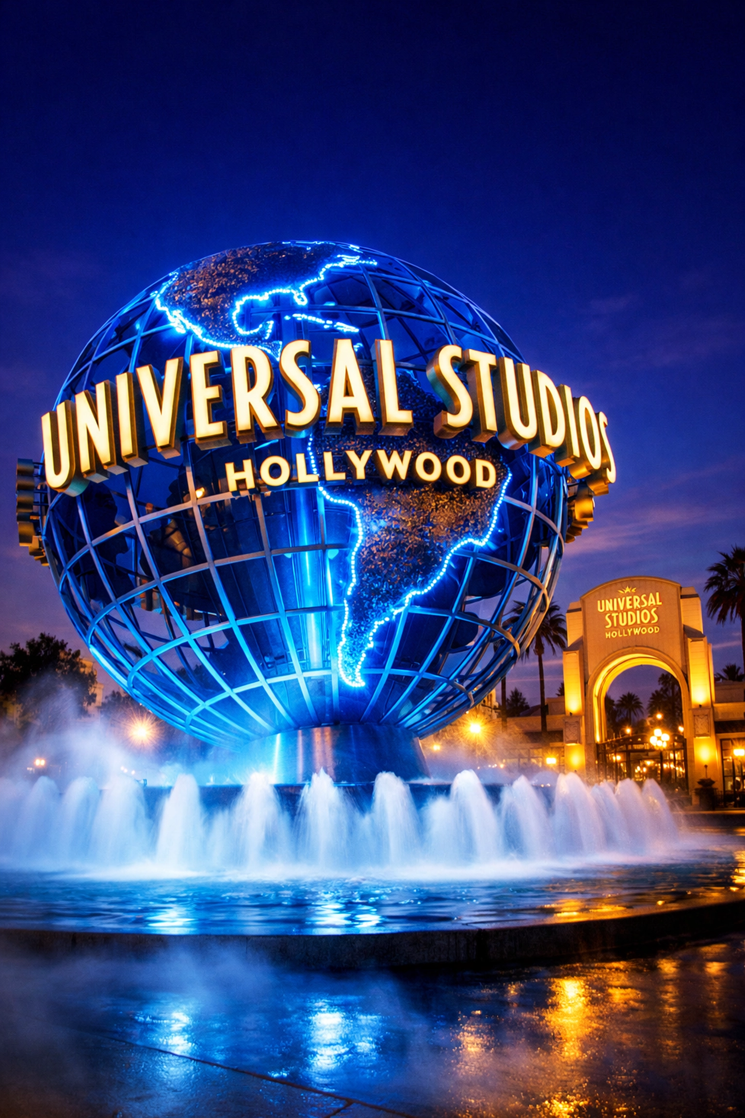 Illuminated Universal Studios Hollywood globe and entrance arch at night, a top photo spot.