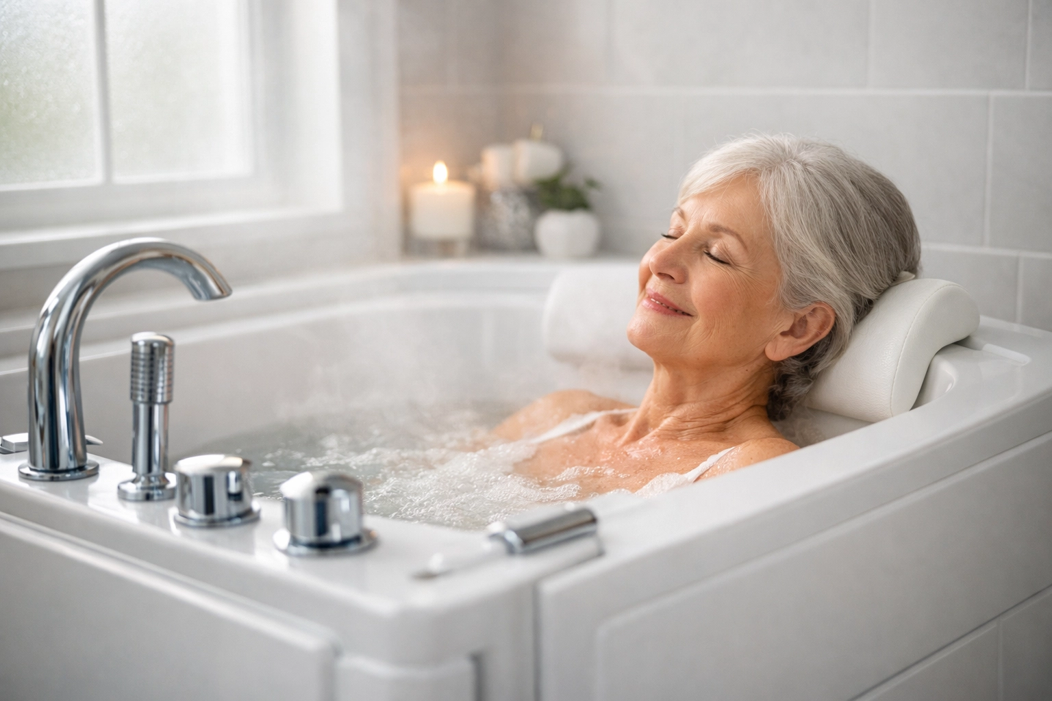 Senior woman relaxing in white walk-in tub with hydrotherapy features