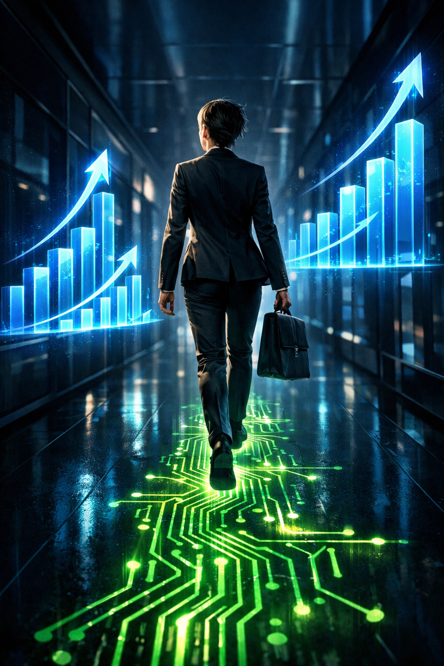 A professional with rising data charts showing the career ROI of a high AI readiness score.