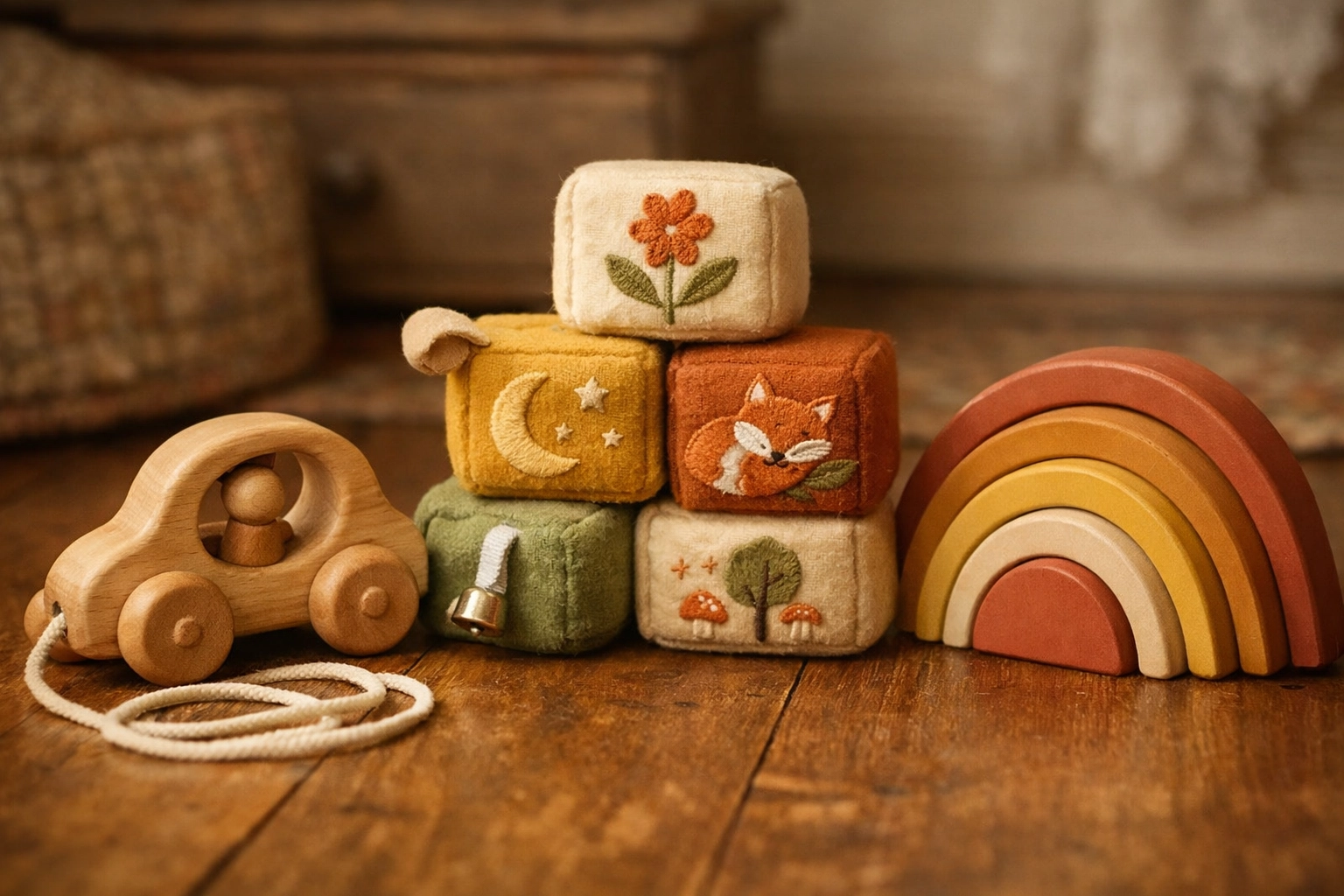 Collection of unique handmade wooden toys and embroidered blocks for children on a warm wood floor.