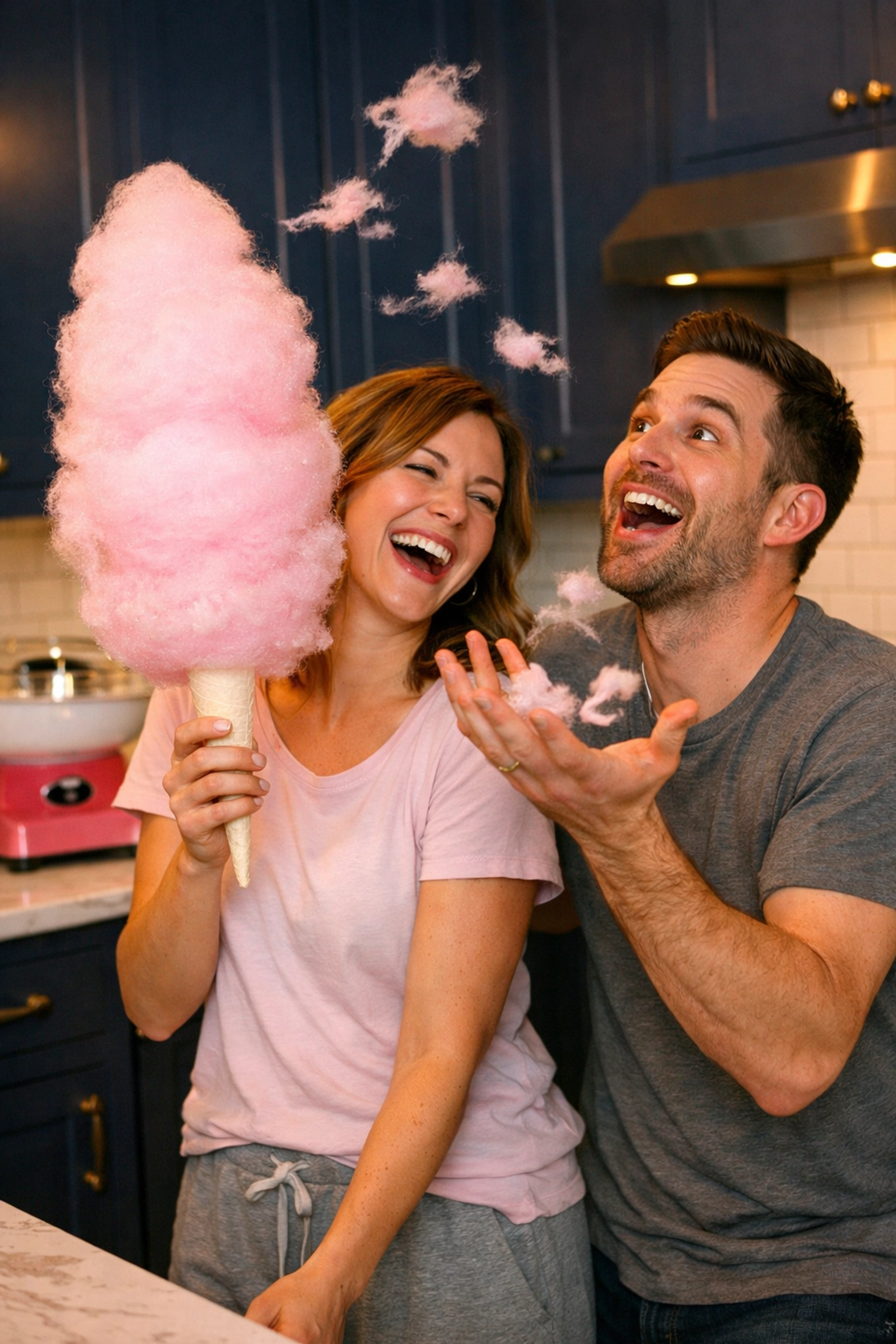 Happy couple laughing while making cotton candy together in their kitchen