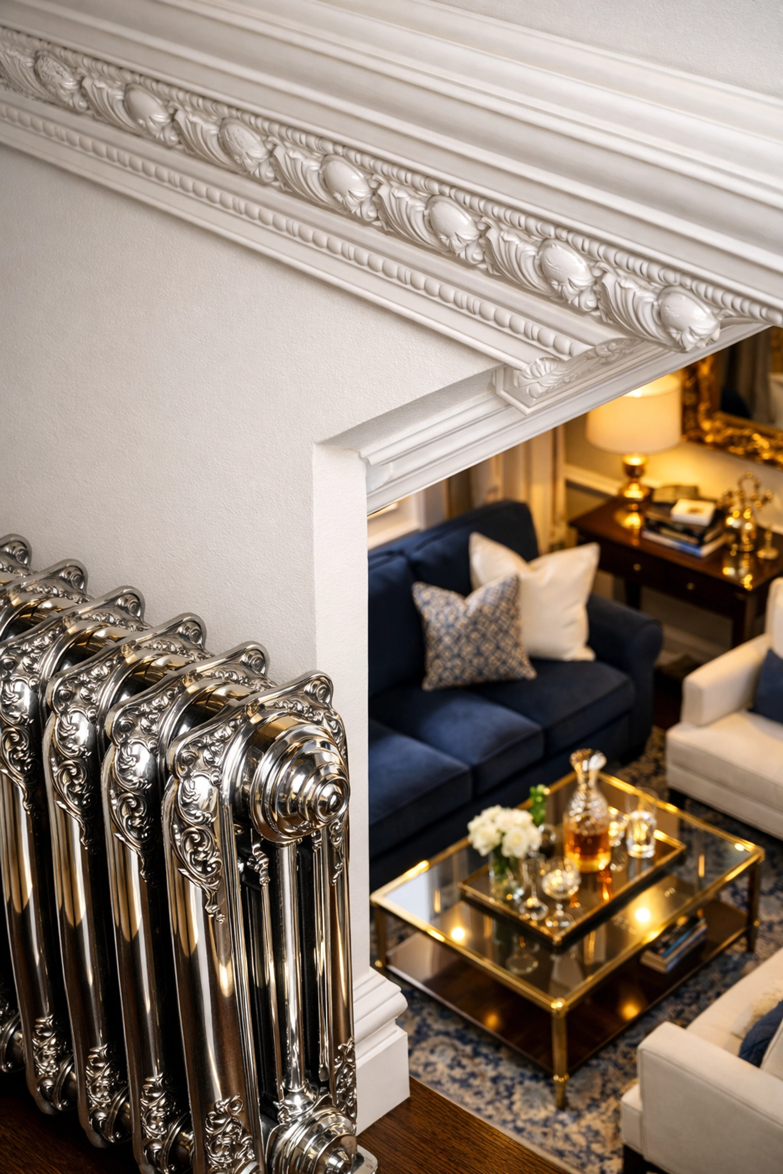 Polished Victorian radiator and dust-free trim in a luxury Massachusetts apartment move-out cleaning.