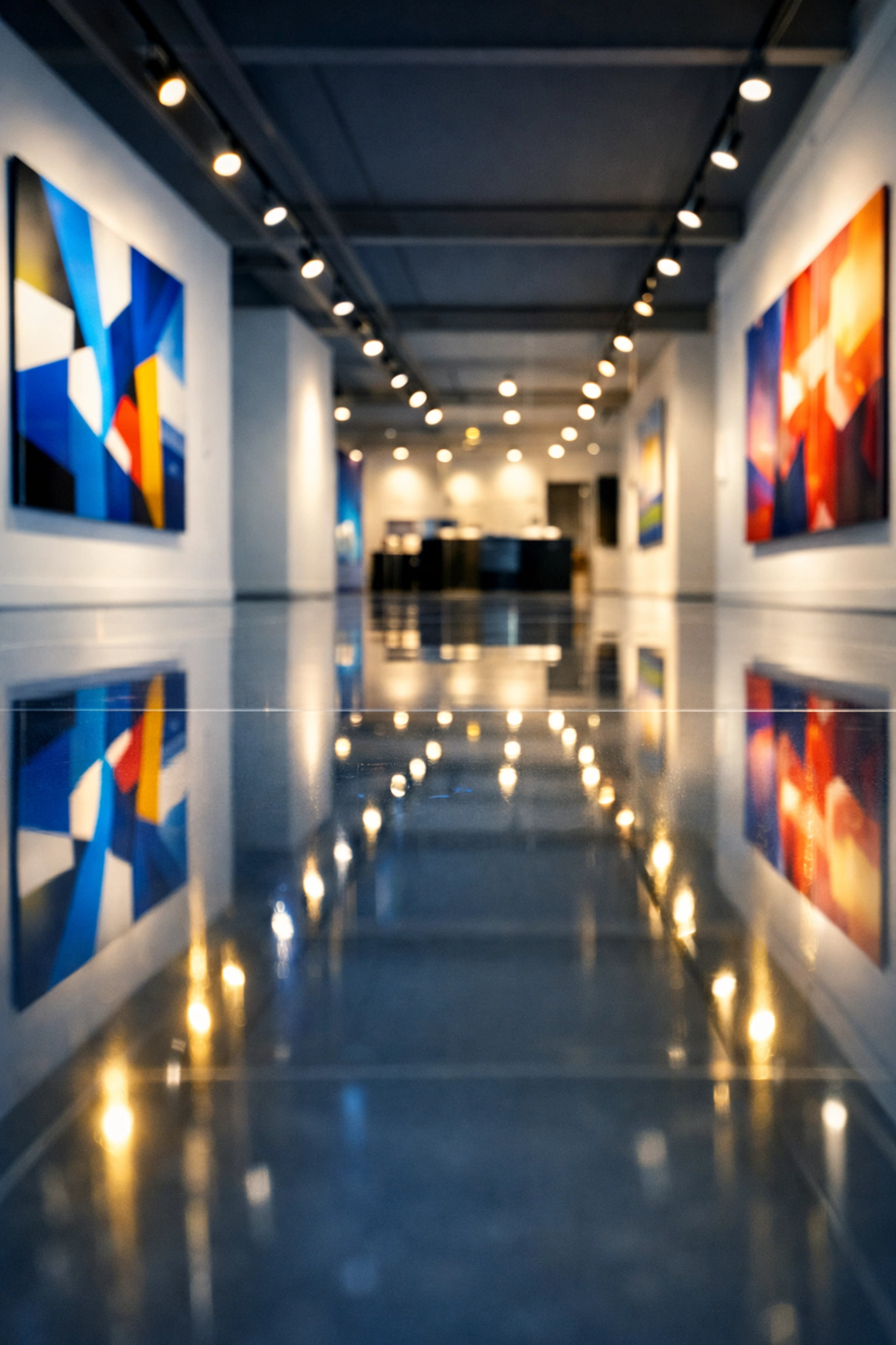 Mirror-like gallery floors in Gloucester reflecting high-end art after professional commercial cleaning.