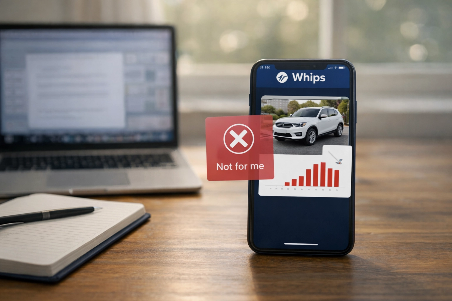 Professional reviewing negative buyer data on Whips app for dealership insights