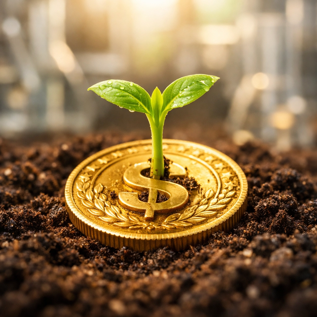 A small green plant sprout growing from a gold coin in soil representing initial investment growth.