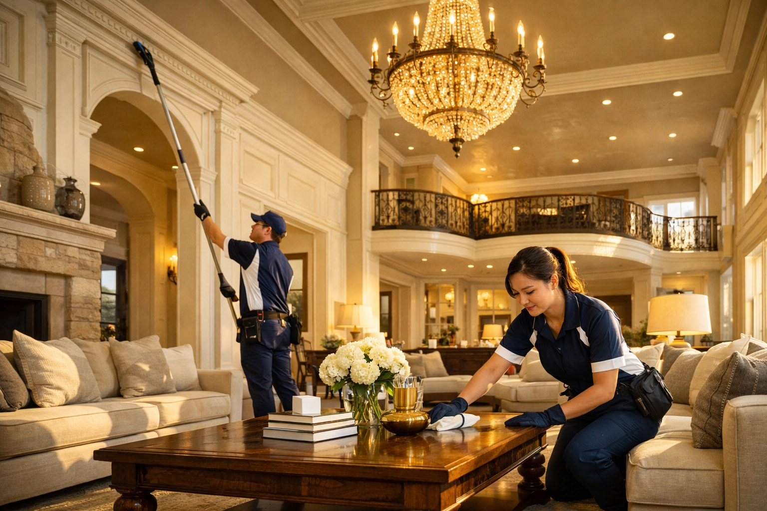 Professional cleaning team demonstrating Ninja efficiency in a grand sun-drenched Weston estate living room.