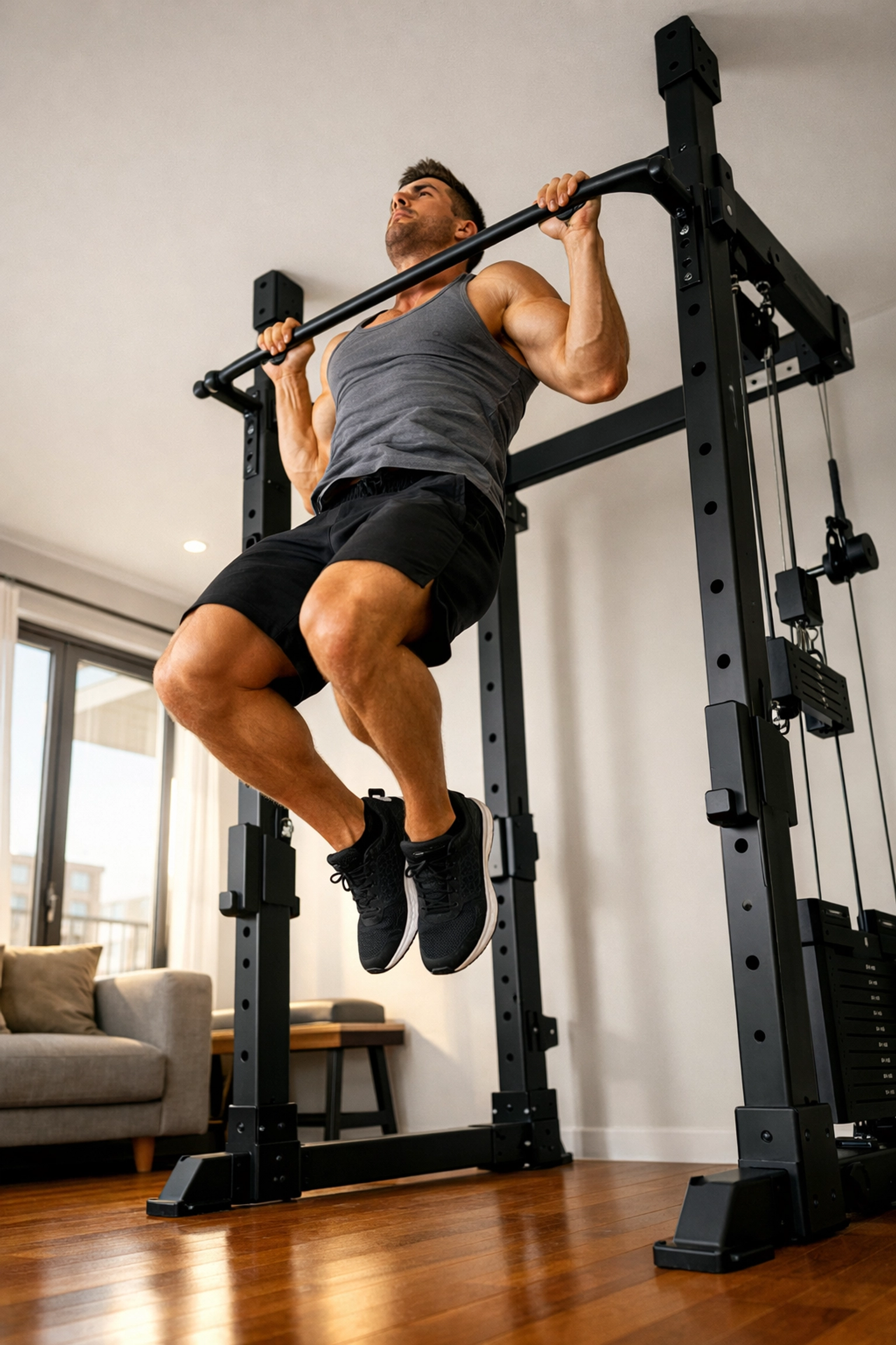 Athlete performing pull-up on floor-to-ceiling home gym system