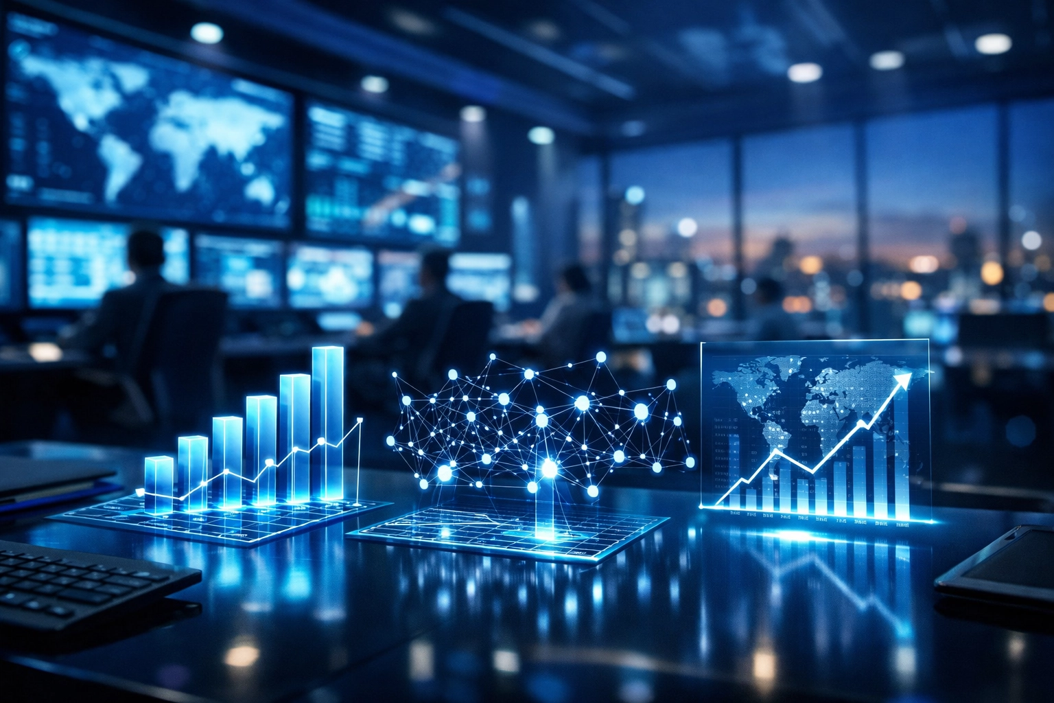 High-tech command center with holographic data visualizations showing ROI and AI business IT solutions.