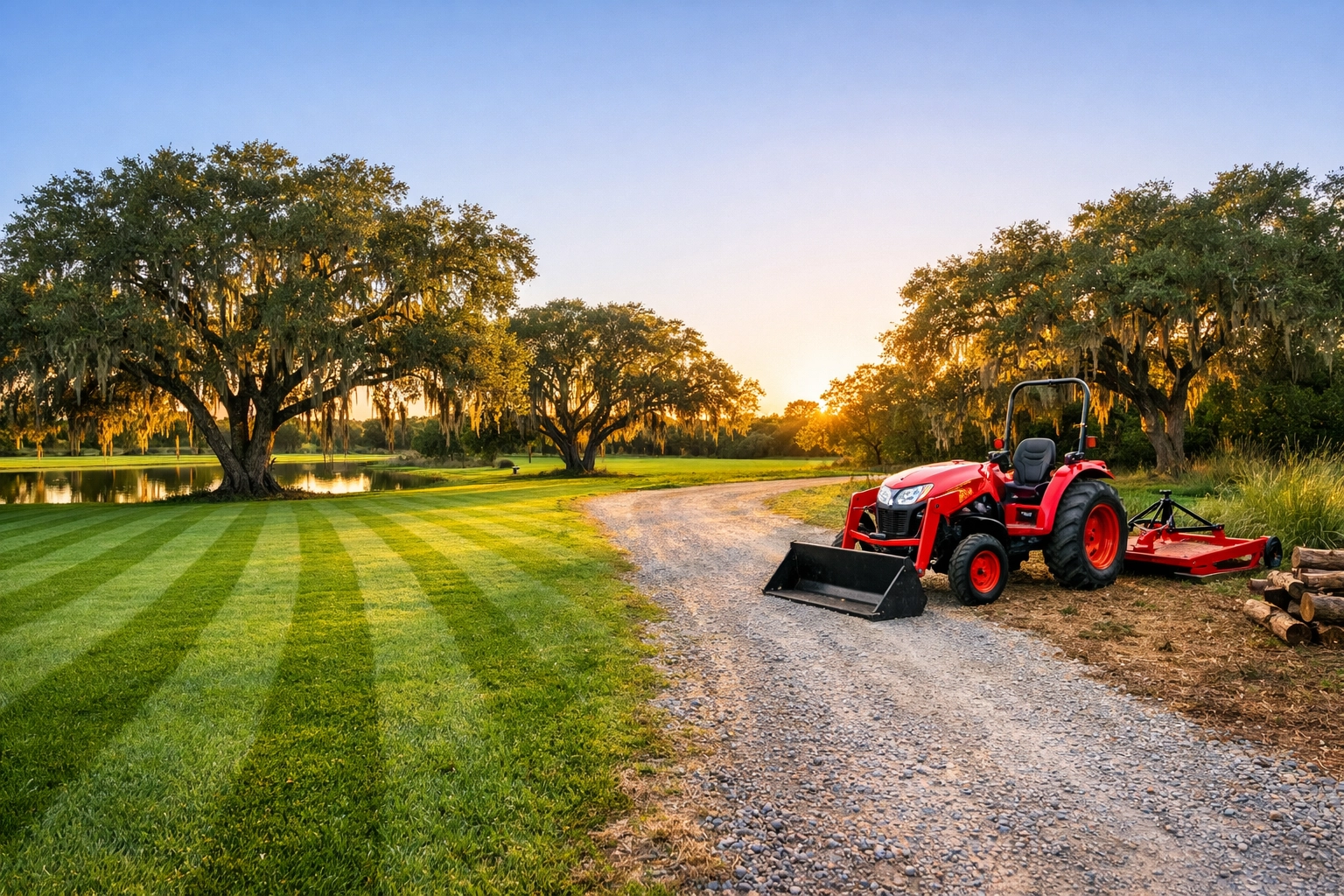 Red compact tractor and a striped lawn on a Florida estate, comparing different land management equipment bundles.