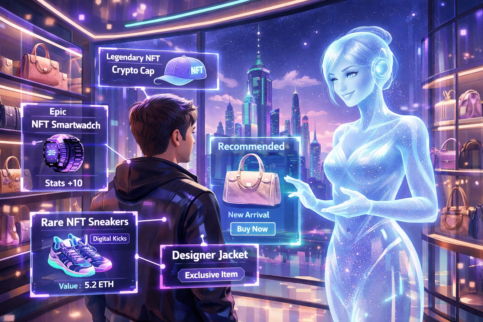 AI sales assistant in a Metaverse boutique offering personalized shopping discounts based on NFT holdings.