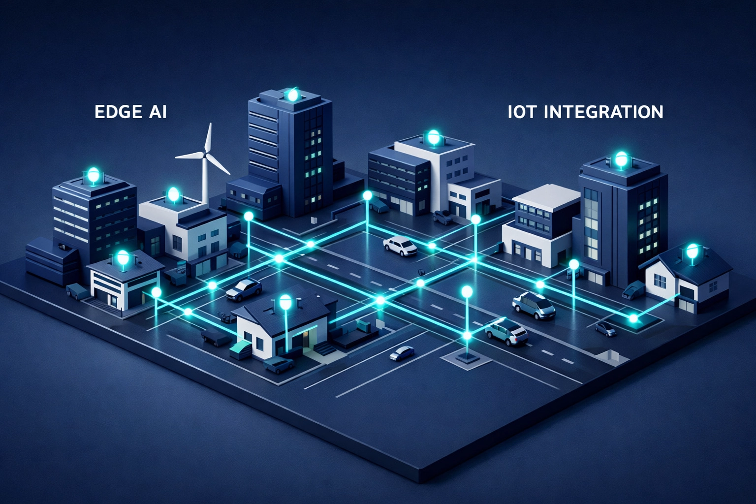 Isometric smart city layout showing localized Edge AI data nodes and IoT integration for distributed autonomy.