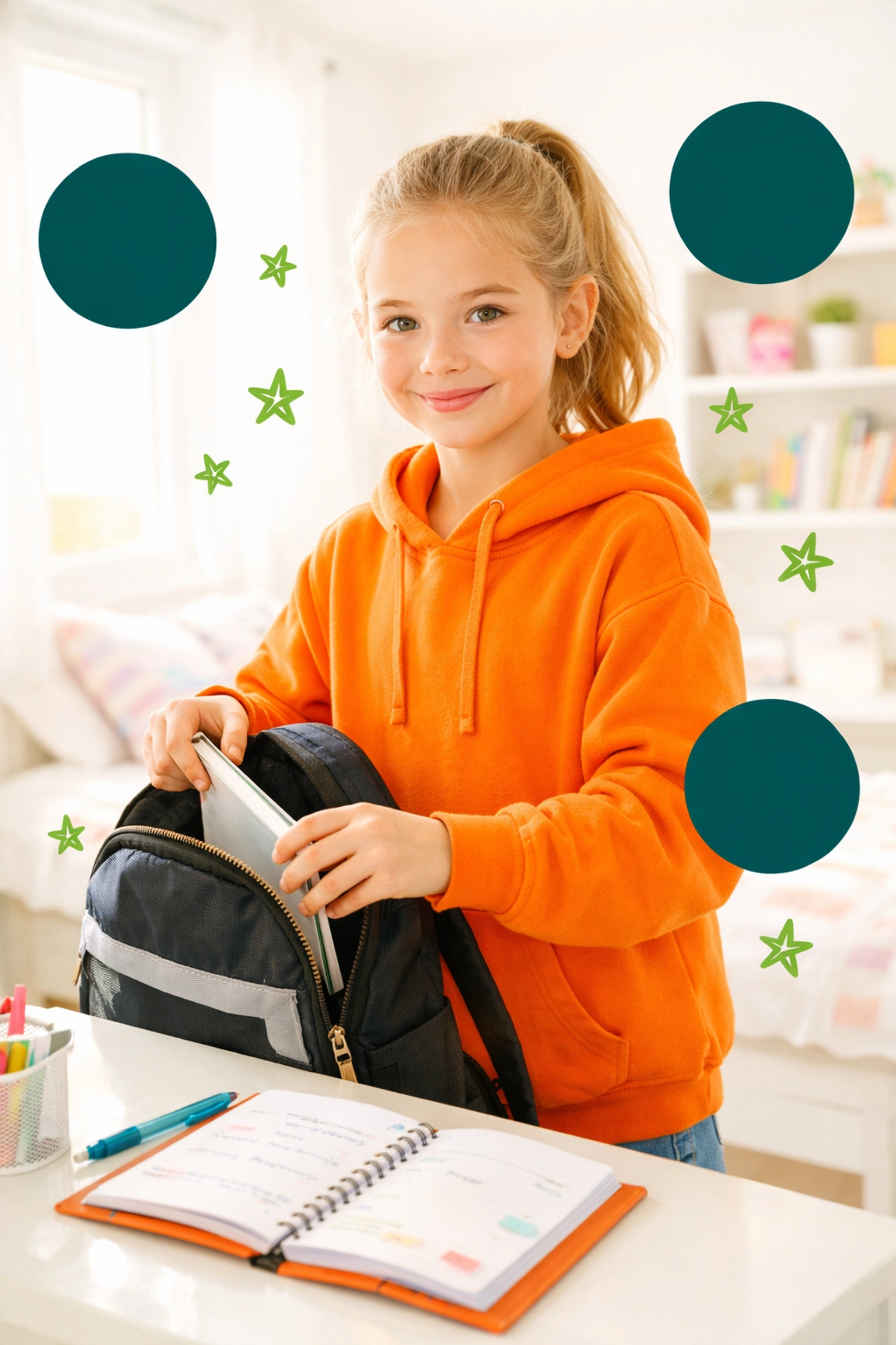 A confident girl organizing her school bag, demonstrating independence and leadership skills.