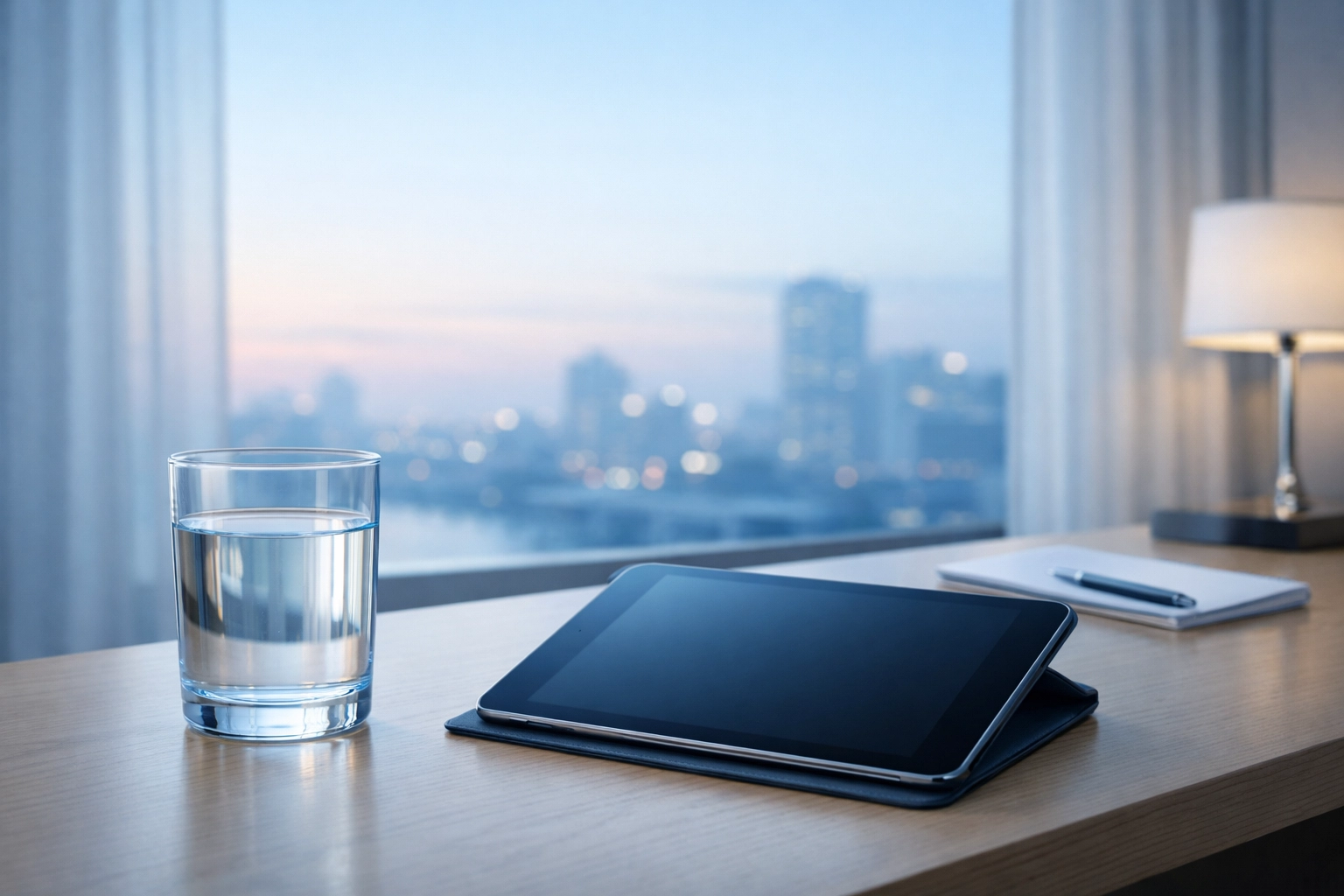 A tablet in a hotel suite showing transparent room rates from a direct booking engine.