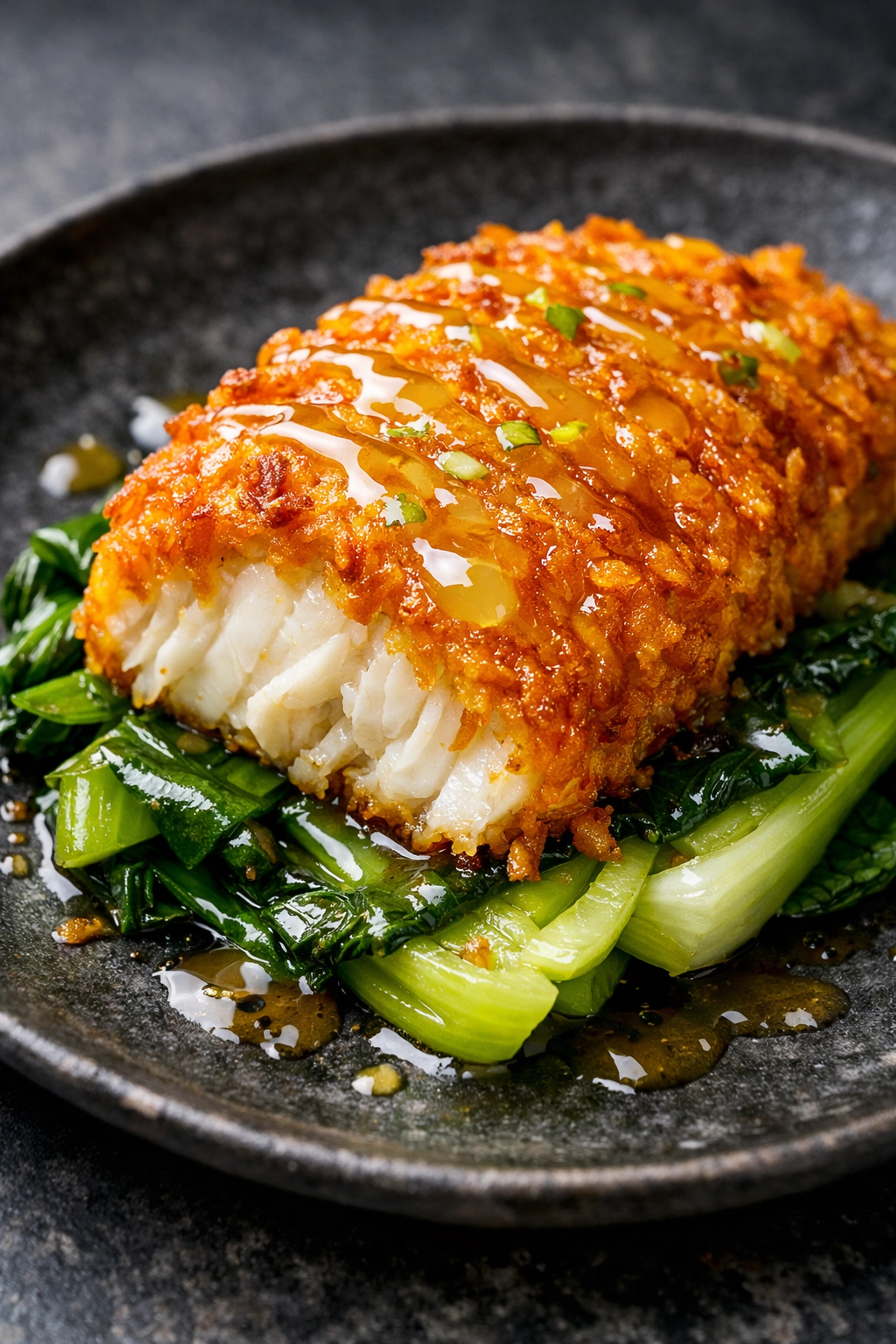 Signature Sweet Potato Crusted Fish at Little Moir's, a famous hero product with golden-brown texture.