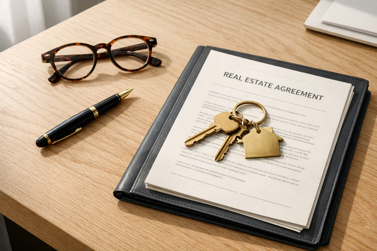 Organized probate property sale documents and house keys on a desk for a Raleigh estate sale.