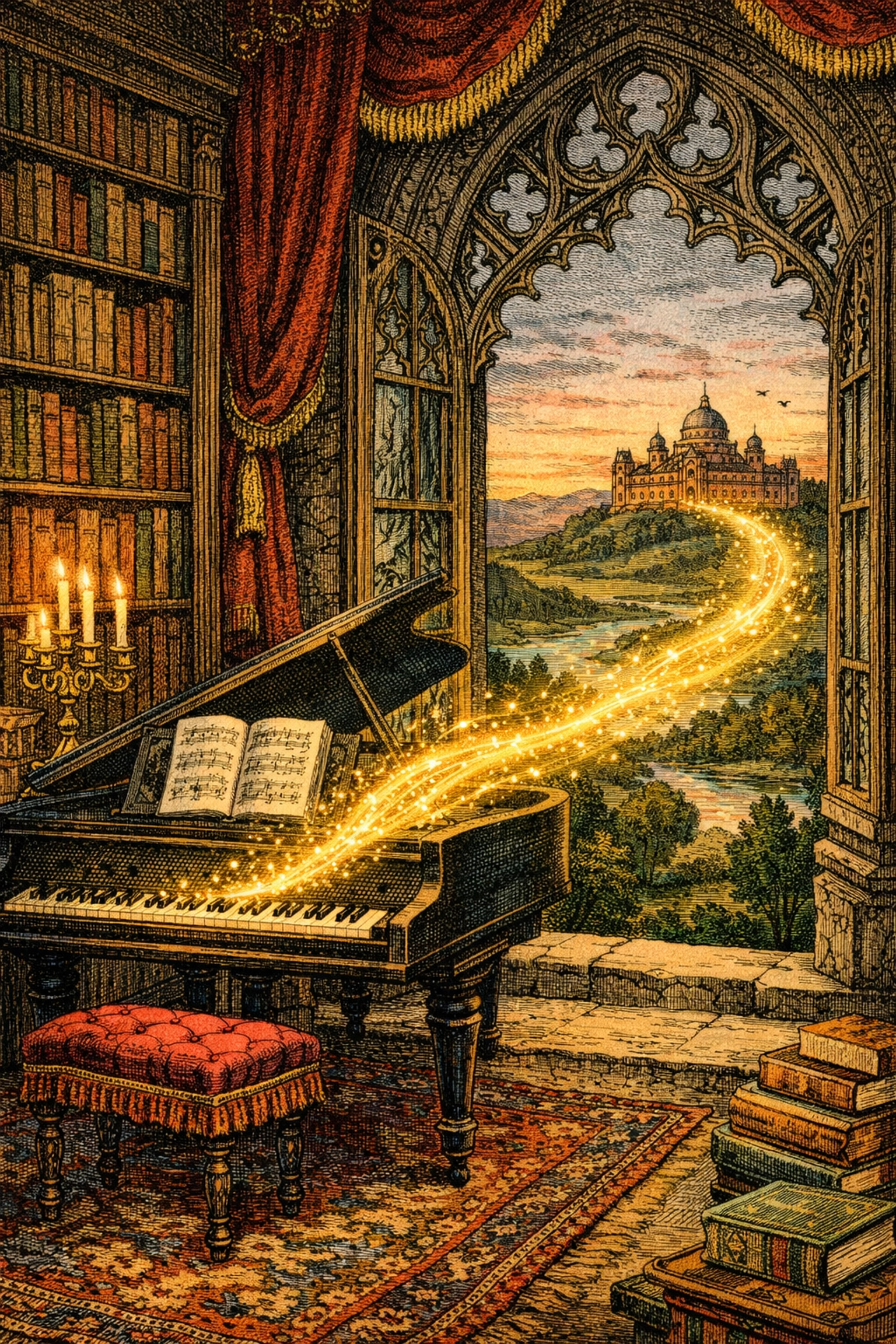 Victorian engraving of a grand piano in a library with light symbolizing artisan music education.