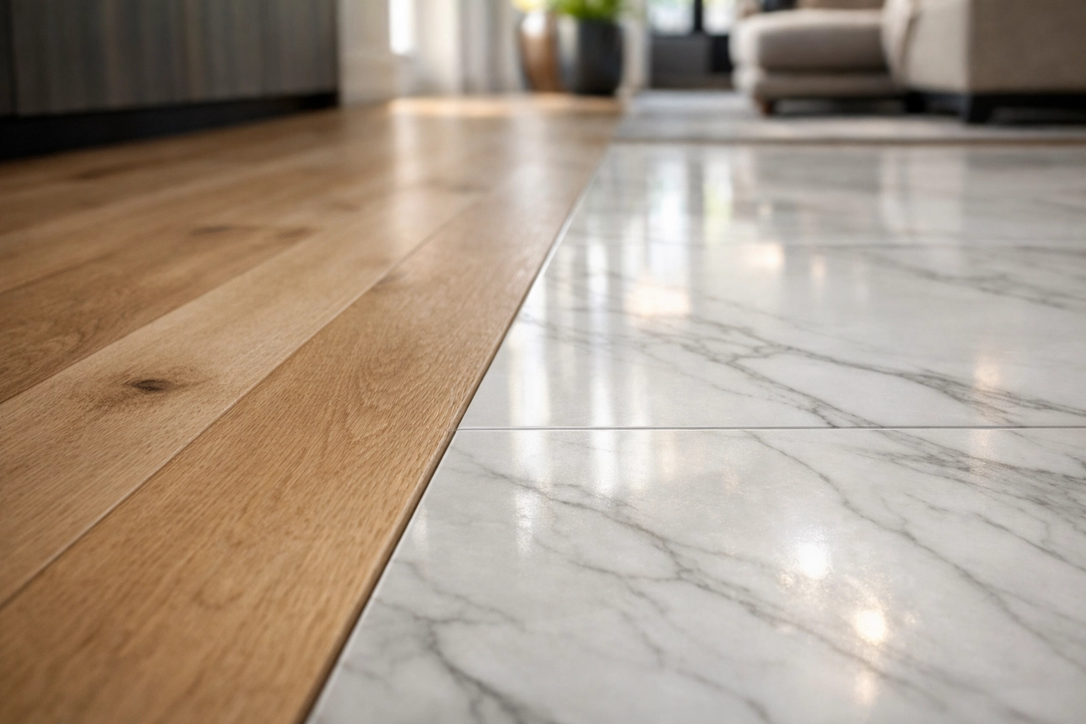 Professional flooring renovation in Orlando showing a seamless transition between hardwood and tile.