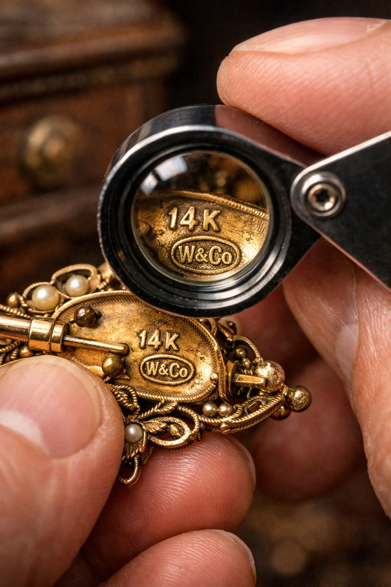 Using a jeweler's loupe to identify quality marks on vintage jewelry for reseller inventory management.