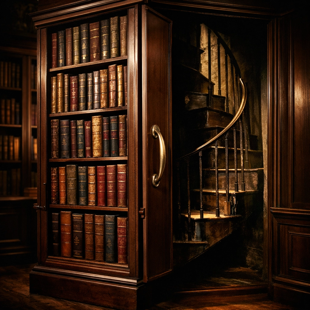 Hidden spiral staircase revealed behind pivoting bookcase at Morgan Library