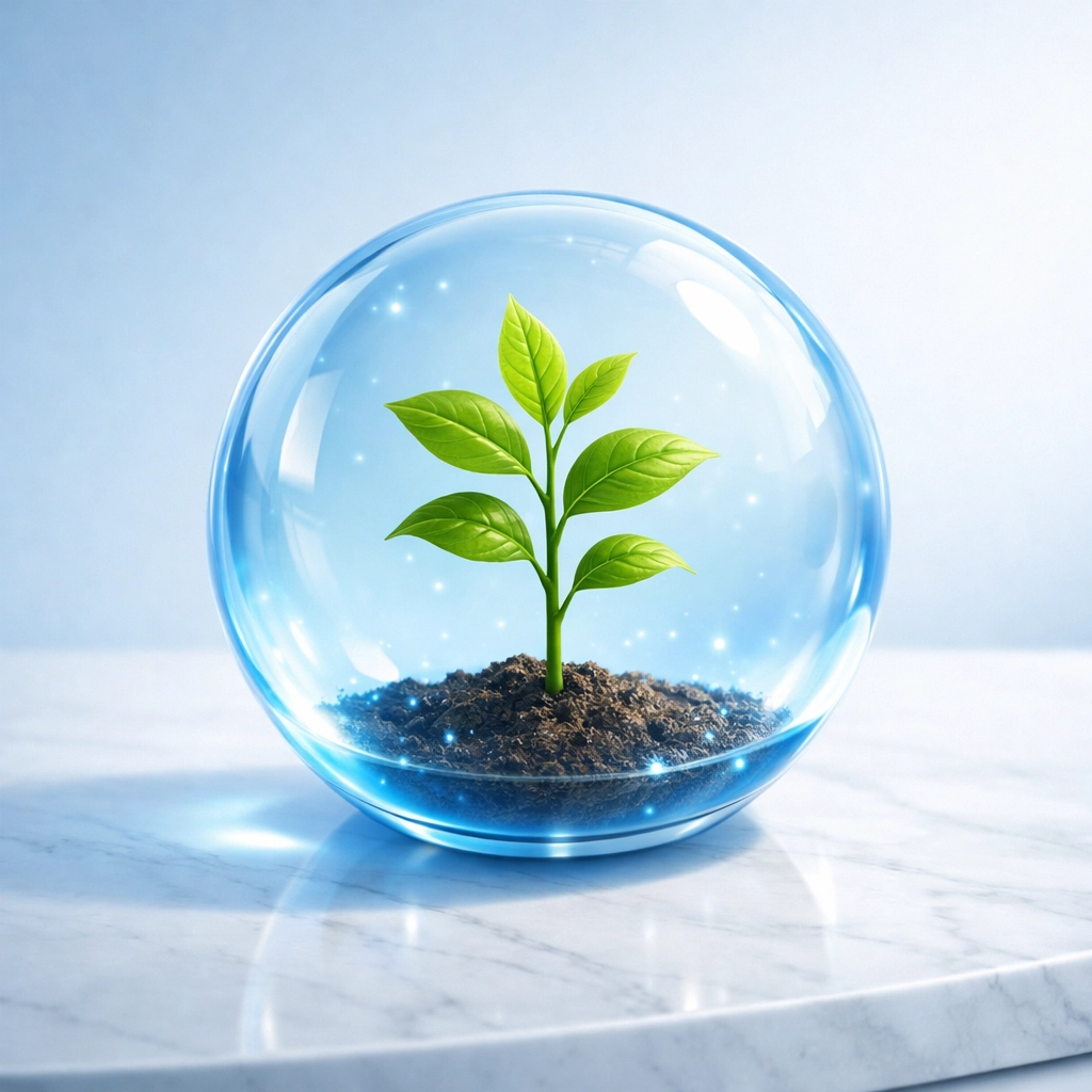 A small green plant protected in a blue sphere, representing tax-deferred retirement savings growth.