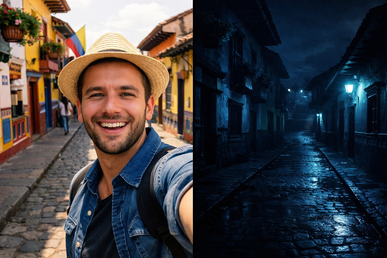 Tourist in Medellin during day versus night showing vulnerability and isolation risks