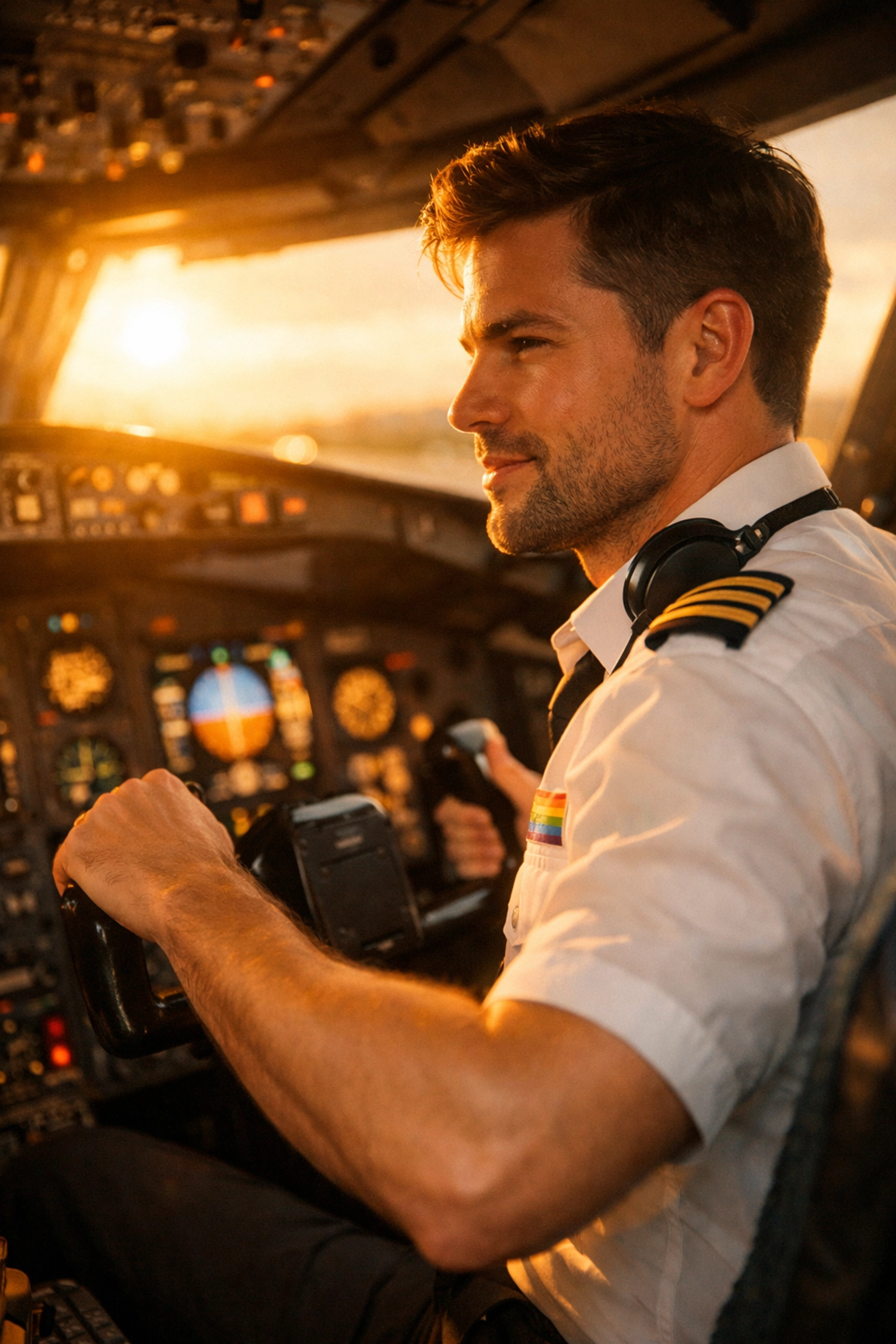 Confident pilot hero in uniform at aircraft controls - MM romance archetype