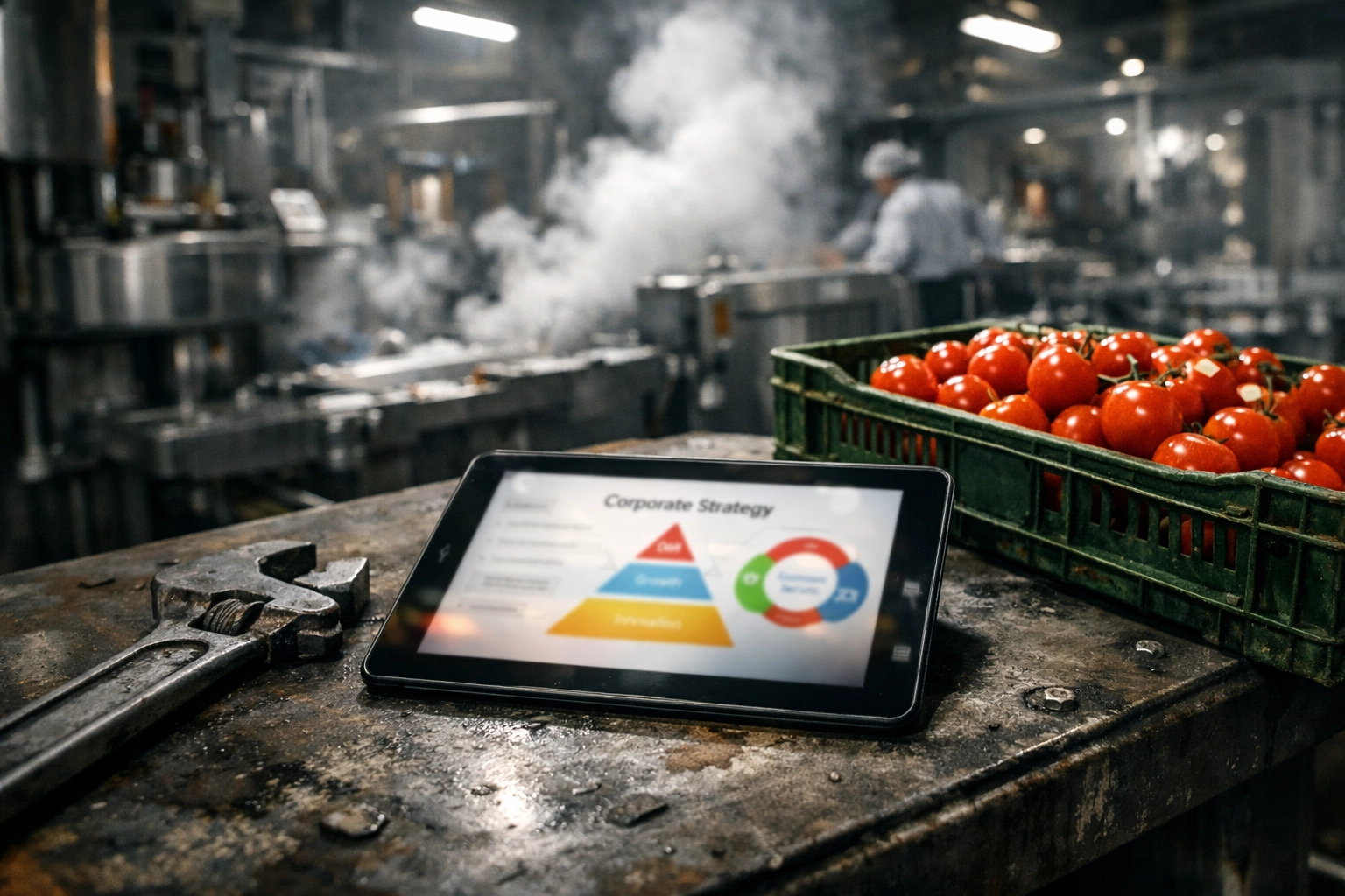 A sustainability consultant's report on a tablet in a food factory next to industrial tools.
